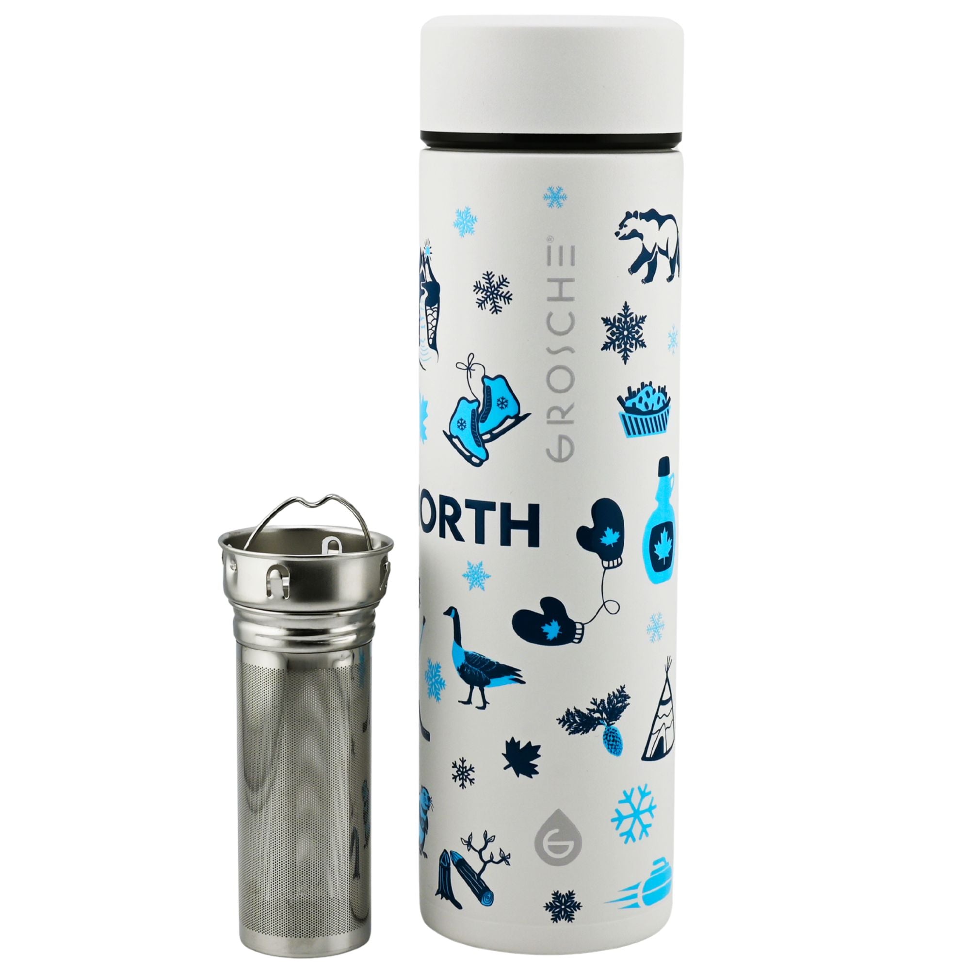White thermos bottle with blue and black designs on a white background