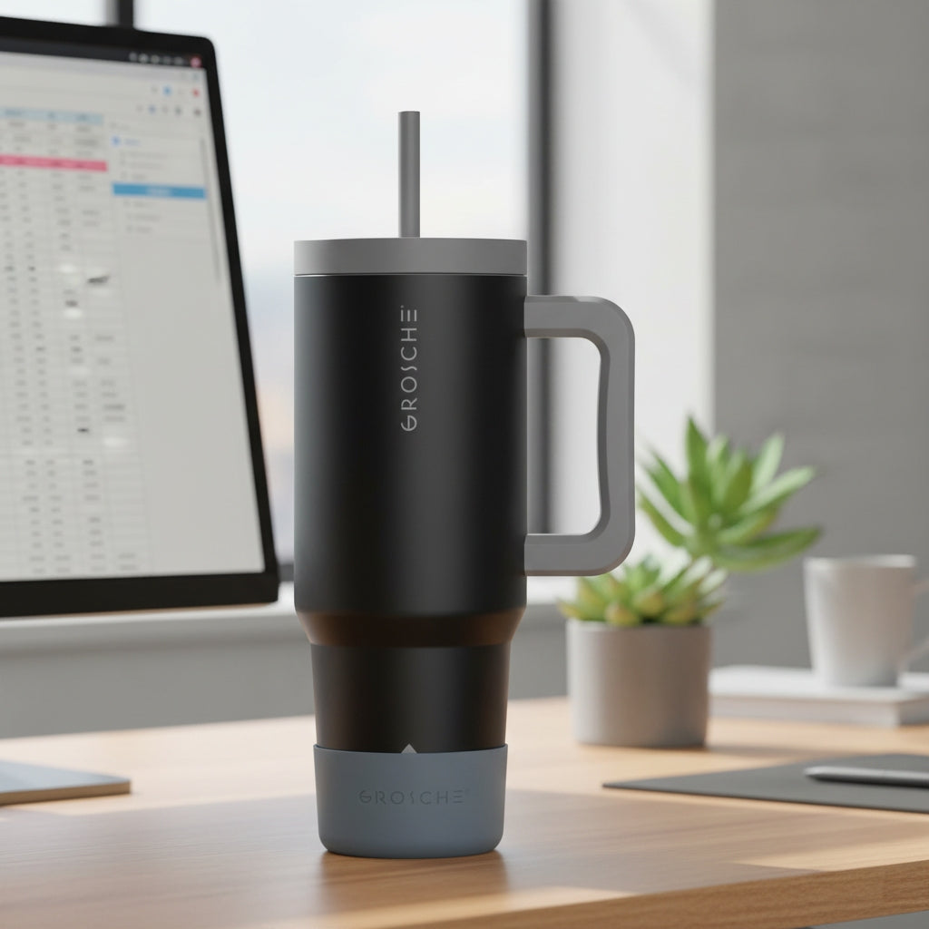 Black mug with handle on a desk in an office setting