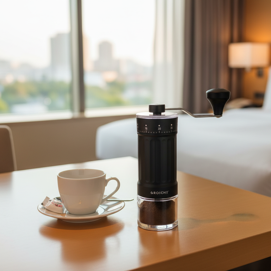Coffee grinder and cup on a table with a bed and window in the background