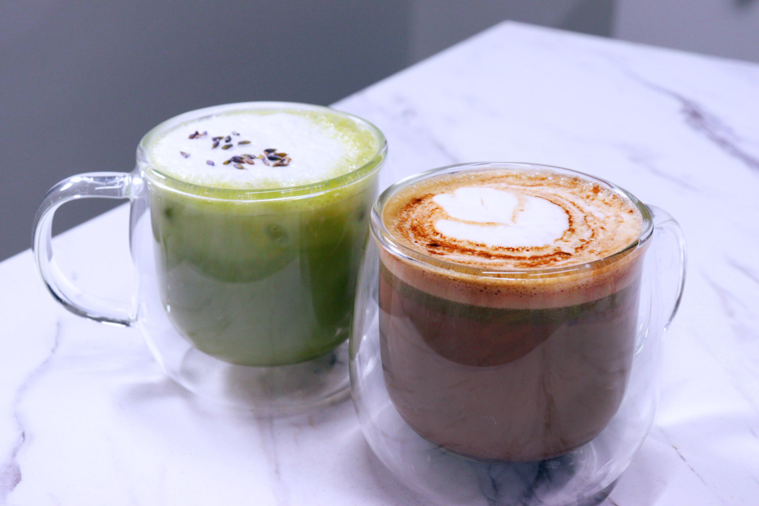 Spring drink recipes - iced lavender matcha and pistachio cream latte