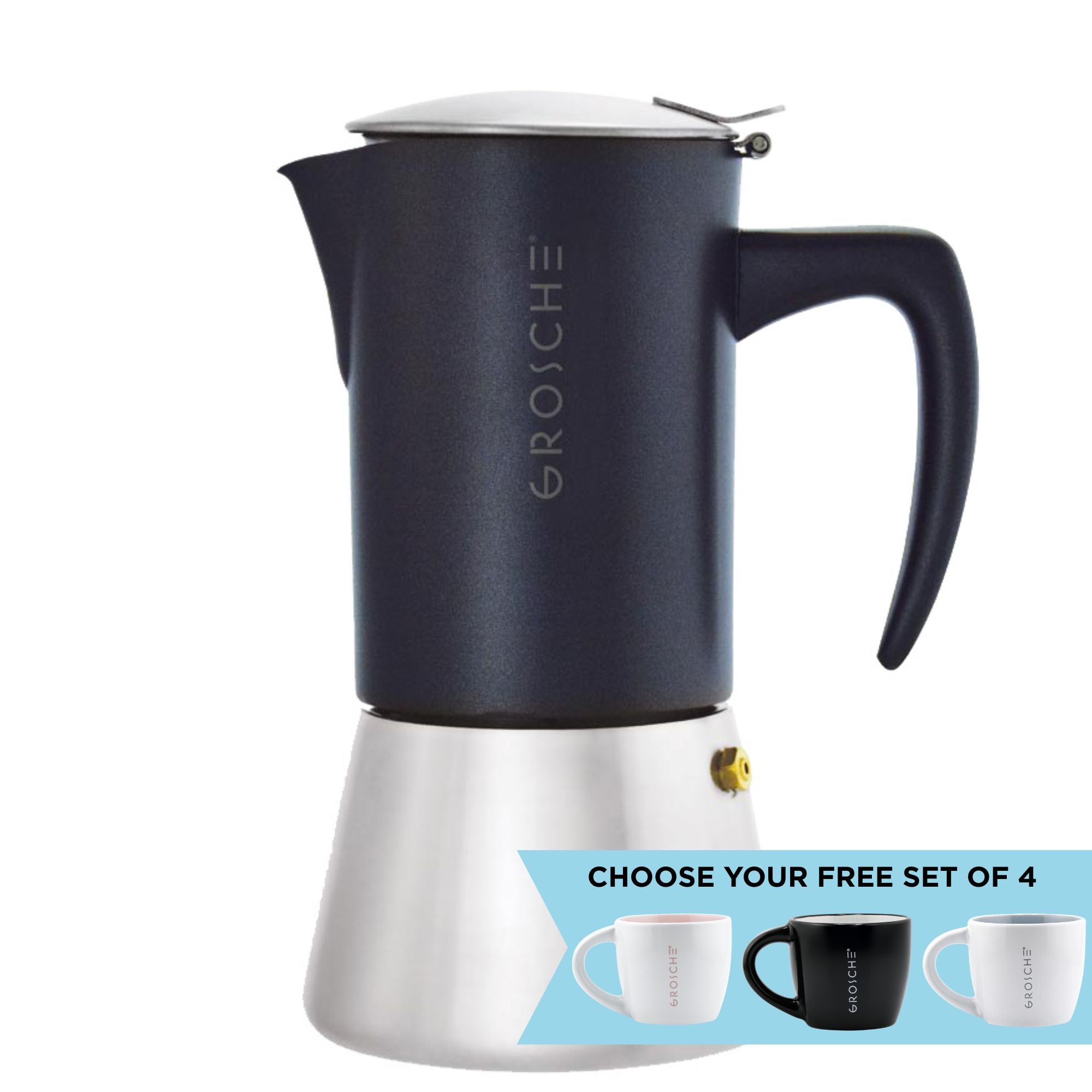 Blue GROSCHE coffee maker on a white background with promotional text for free set of 4.