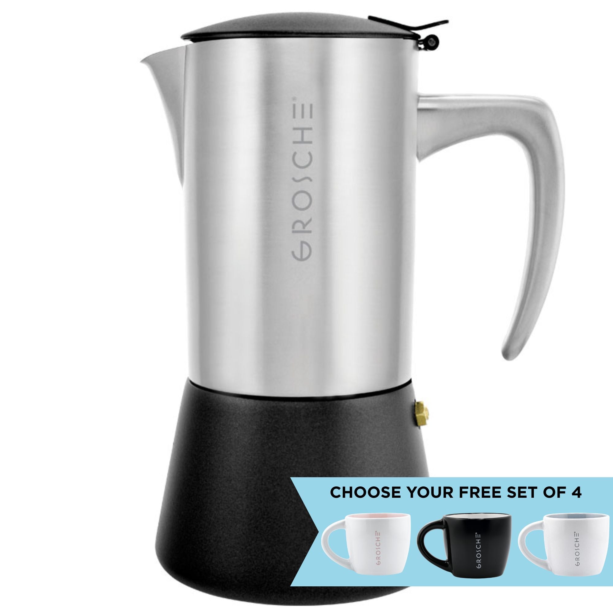 Stainless steel coffee maker with black base on a white background