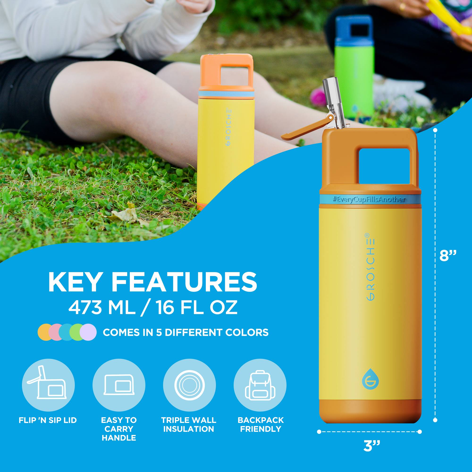 Alpine 16oz kids insulated water bottle comes in 10 different colours. They're backpack friendly, with an easy to carry handle, flip n sip lid, and keep your drinks cold all day. 