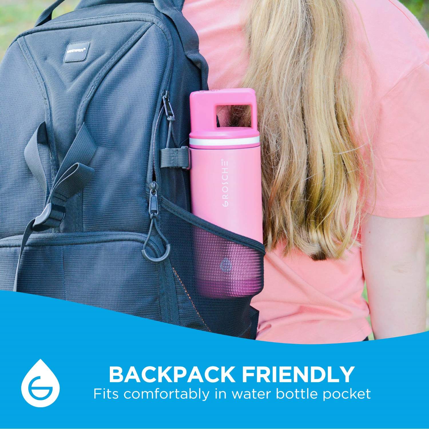 A child's backpack with the 16oz Alpine water bottle in Flamingo Pink in the side pocket. 