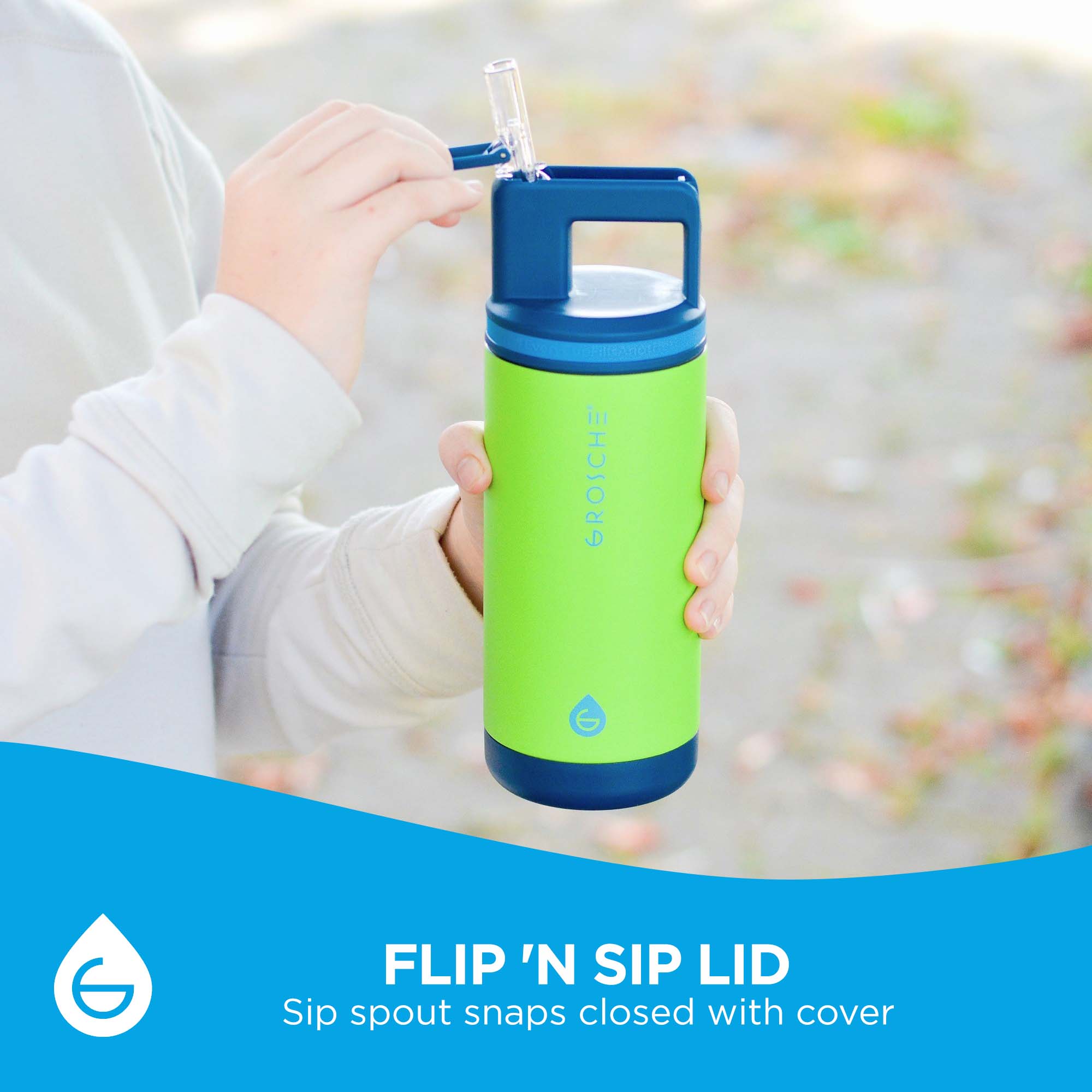 Alpine 16oz kids insulated water bottle: keep your straw clean with the GROSCHE Flip N Sip lid. 