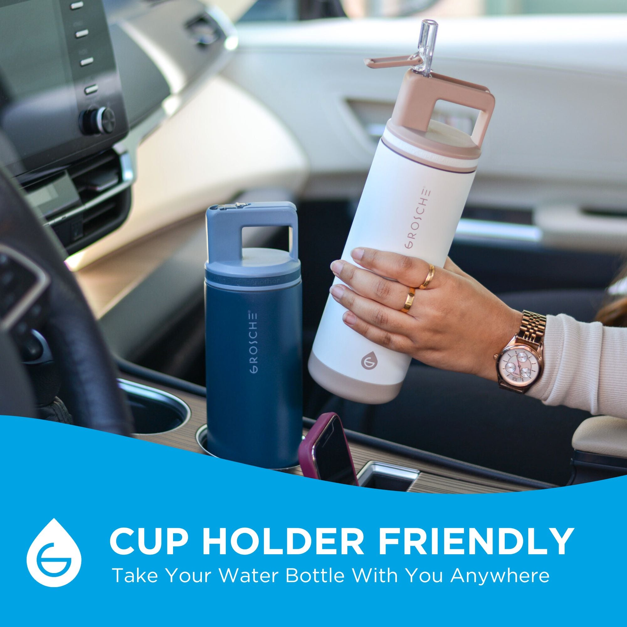 Two GROSCHE Alpine water bottles in car cupholders. Take your water bottle with you anywhere. 