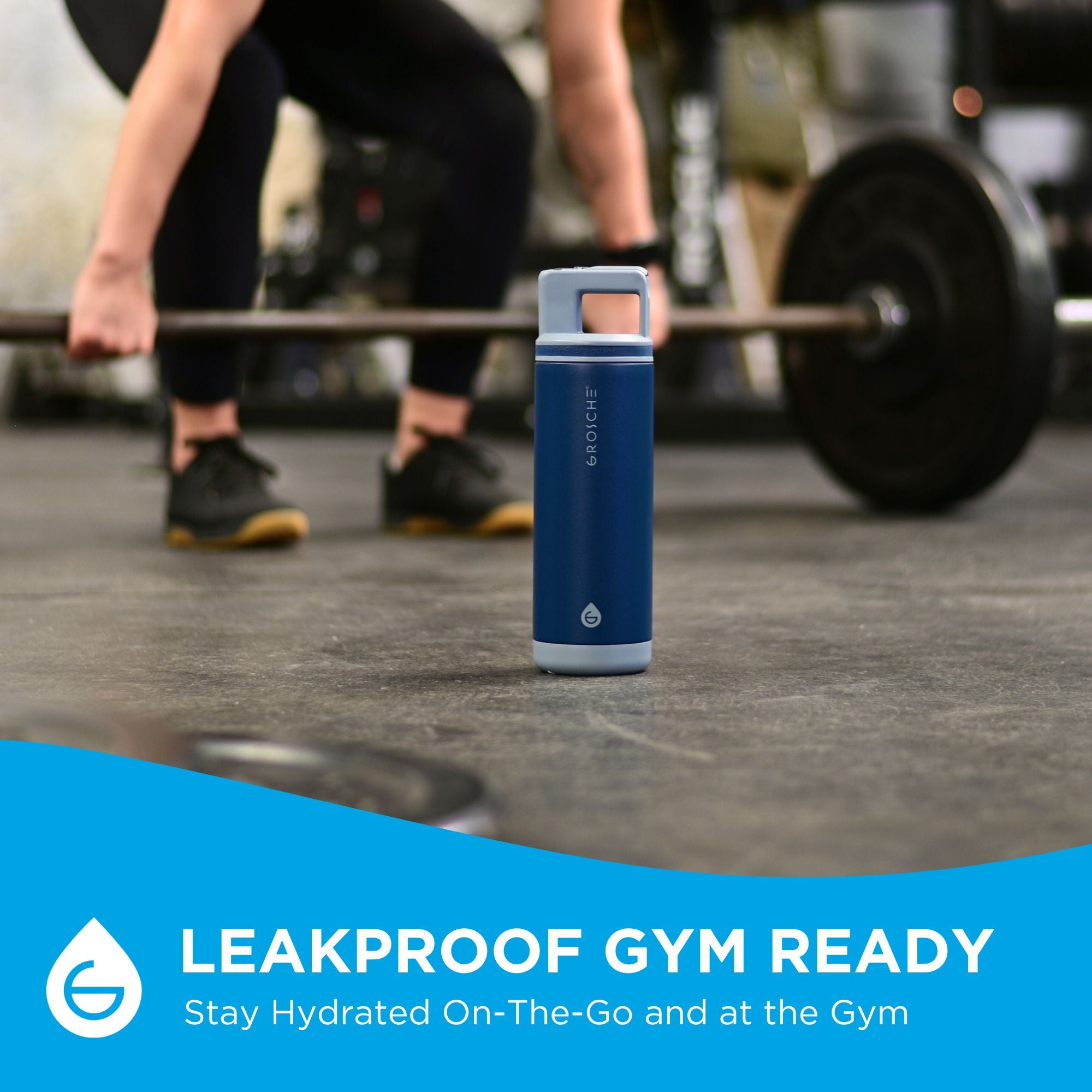 GROSCHE Alpine: a blue water bottle with the 'GROSCHE' logo facing out at a gym with a dumbbell in the background. 