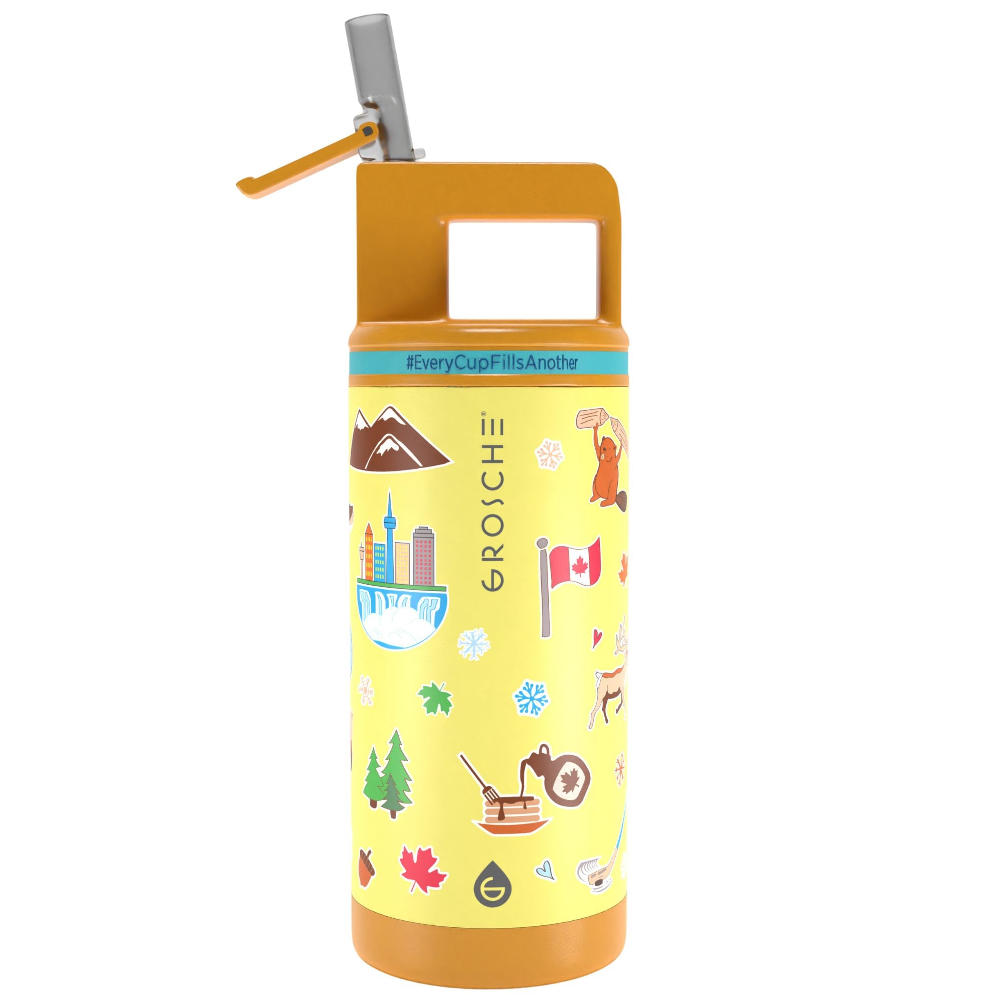 Yellow water bottle with a pattern and orange cap on a white background