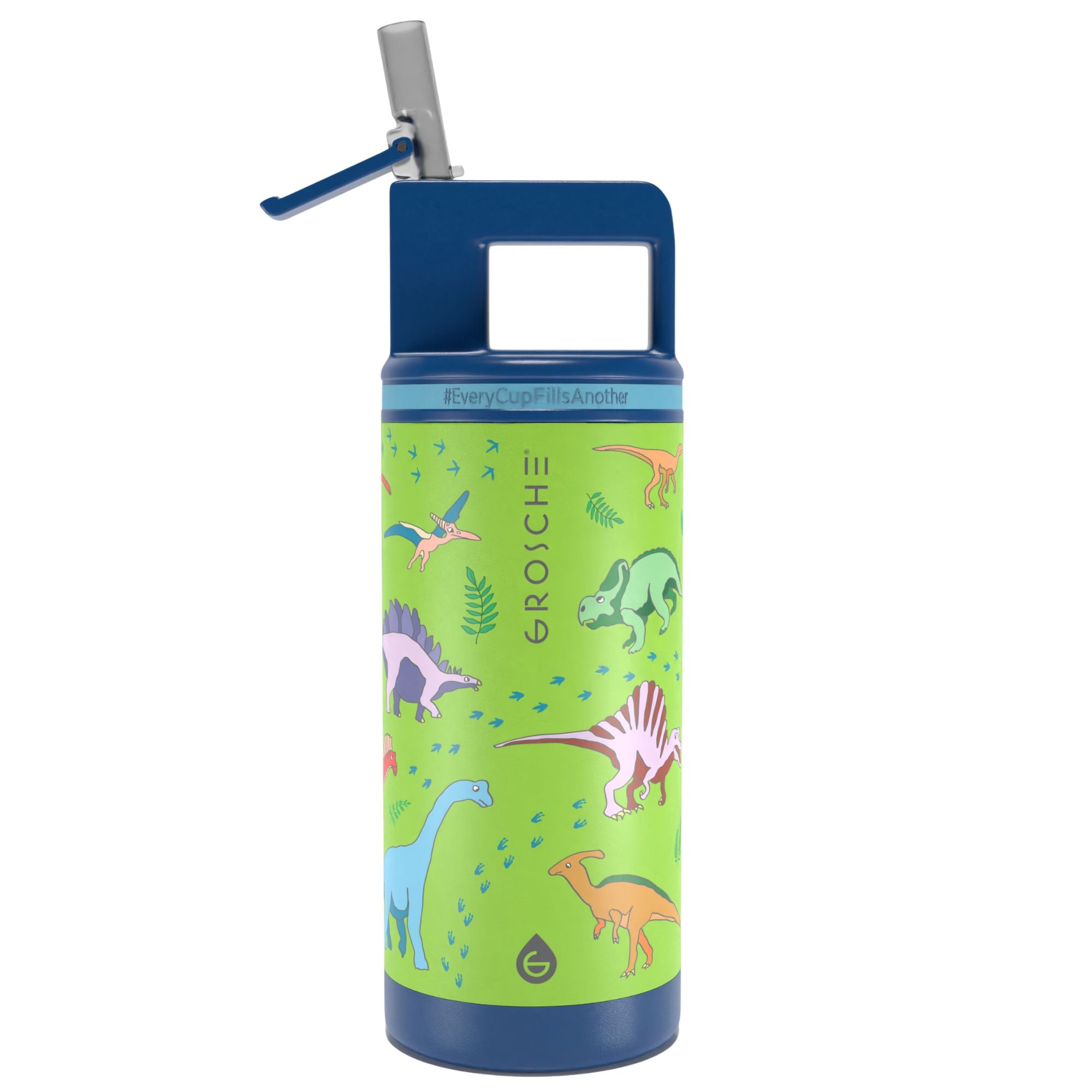 Children's water bottle with dinosaur design on a green background