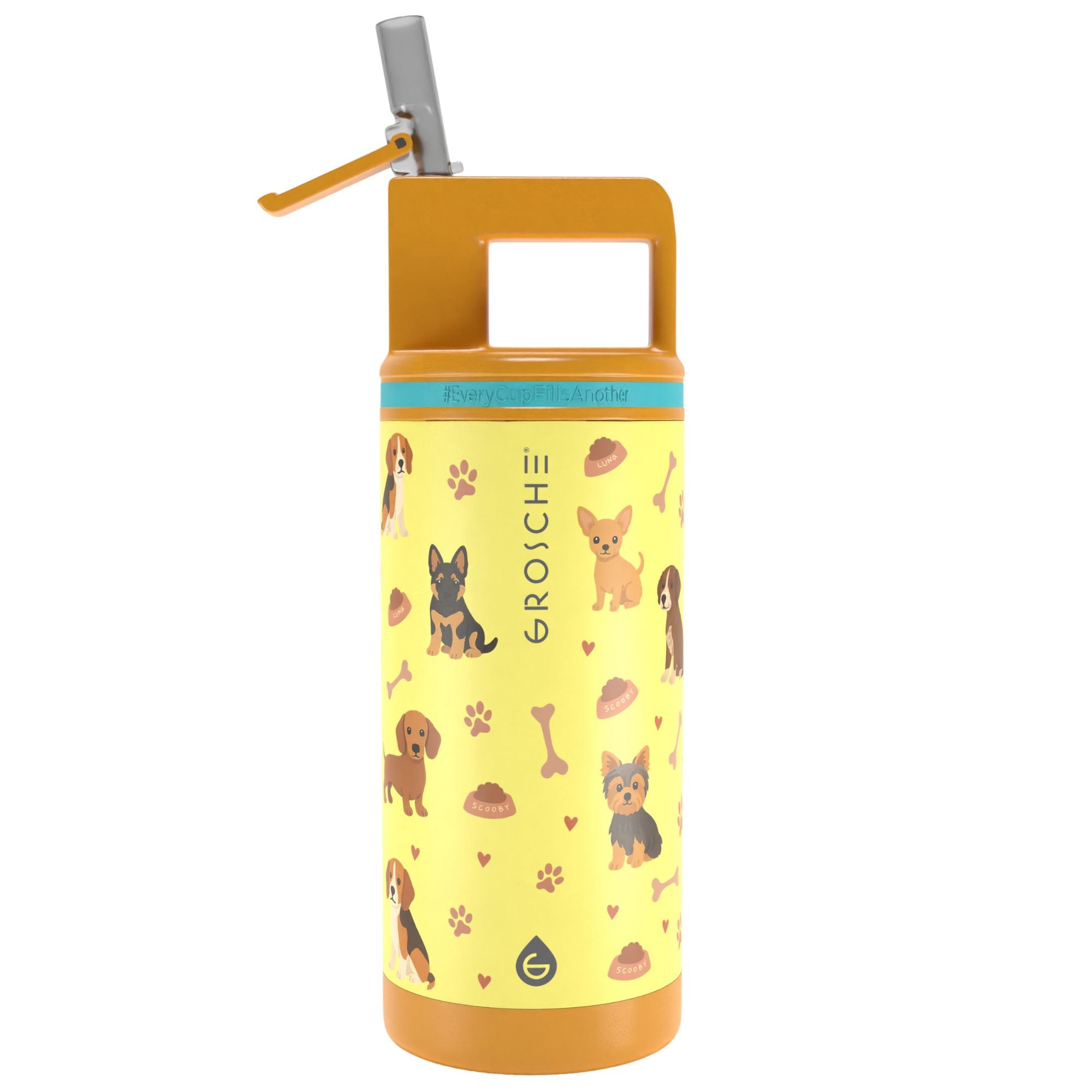 Yellow water bottle with dog pattern and orange lid on a white background