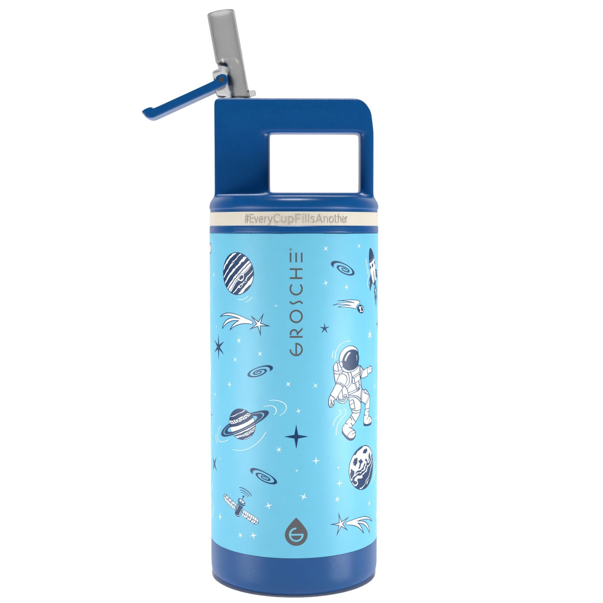 Children's water bottle with space-themed design on a white background