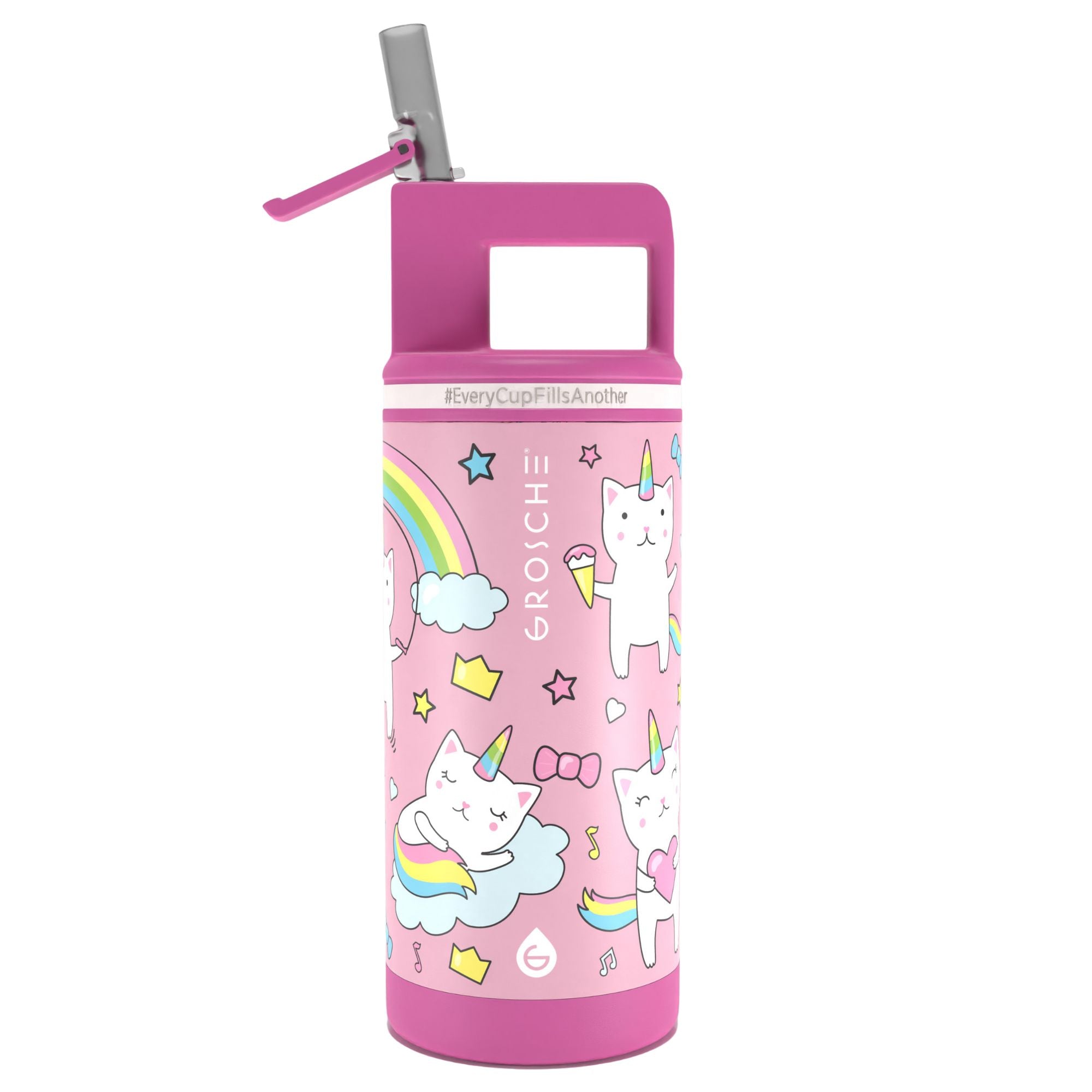 Pink water bottle with cat and unicorn designs on a white background