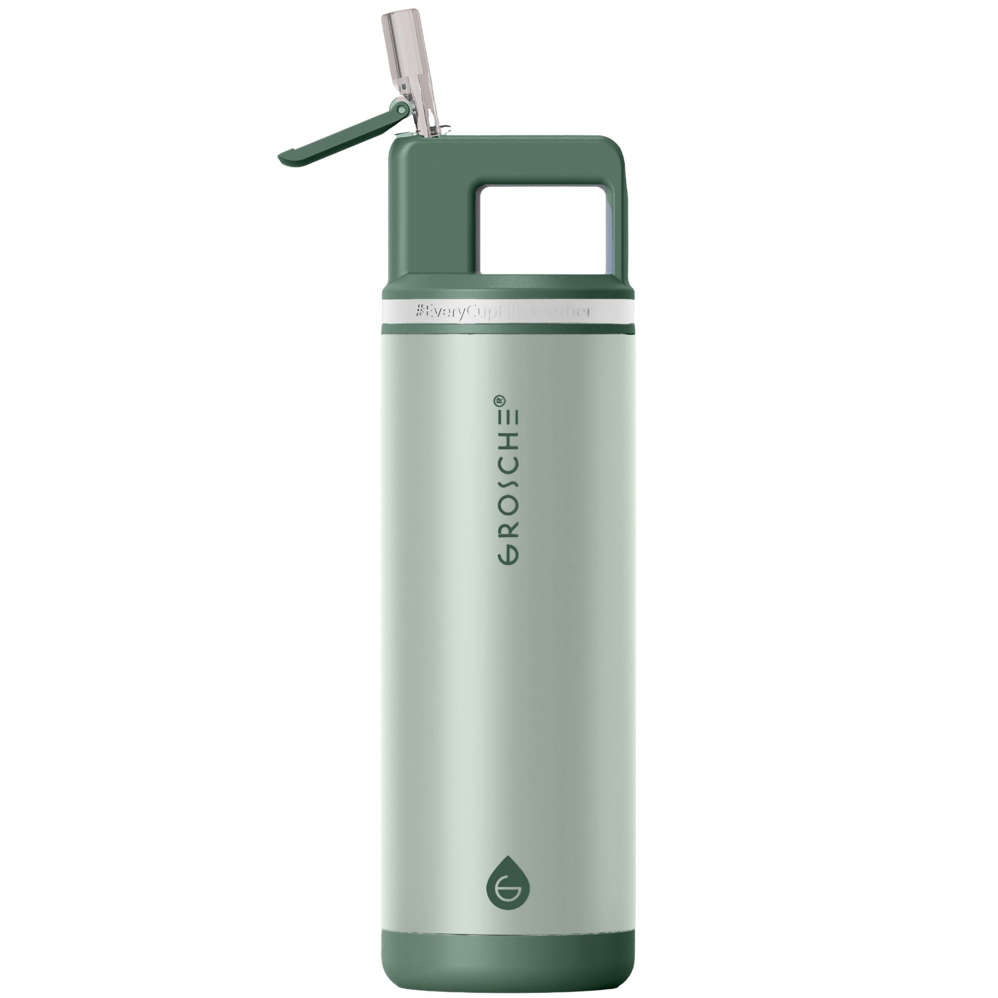 Green water bottle with a flip lid on a white background