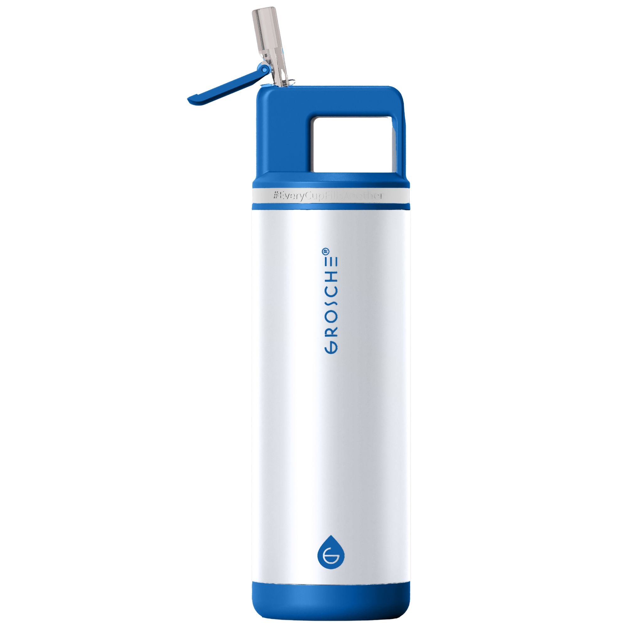 White and blue water bottle with GROSHE logo on a white background