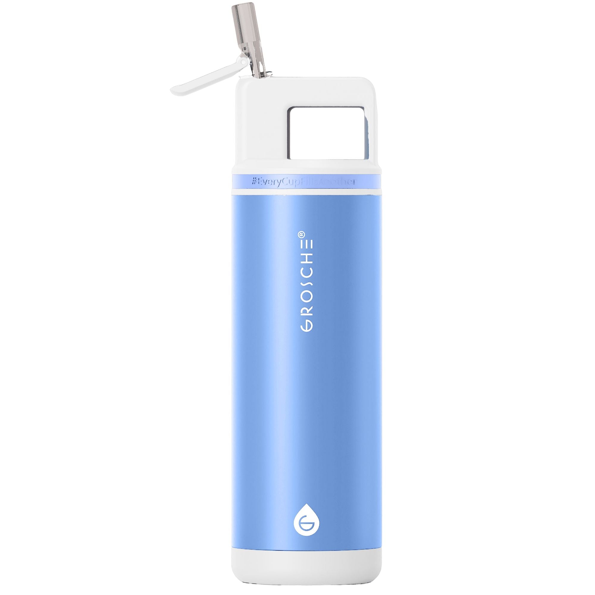 Blue water bottle with white cap on a white background