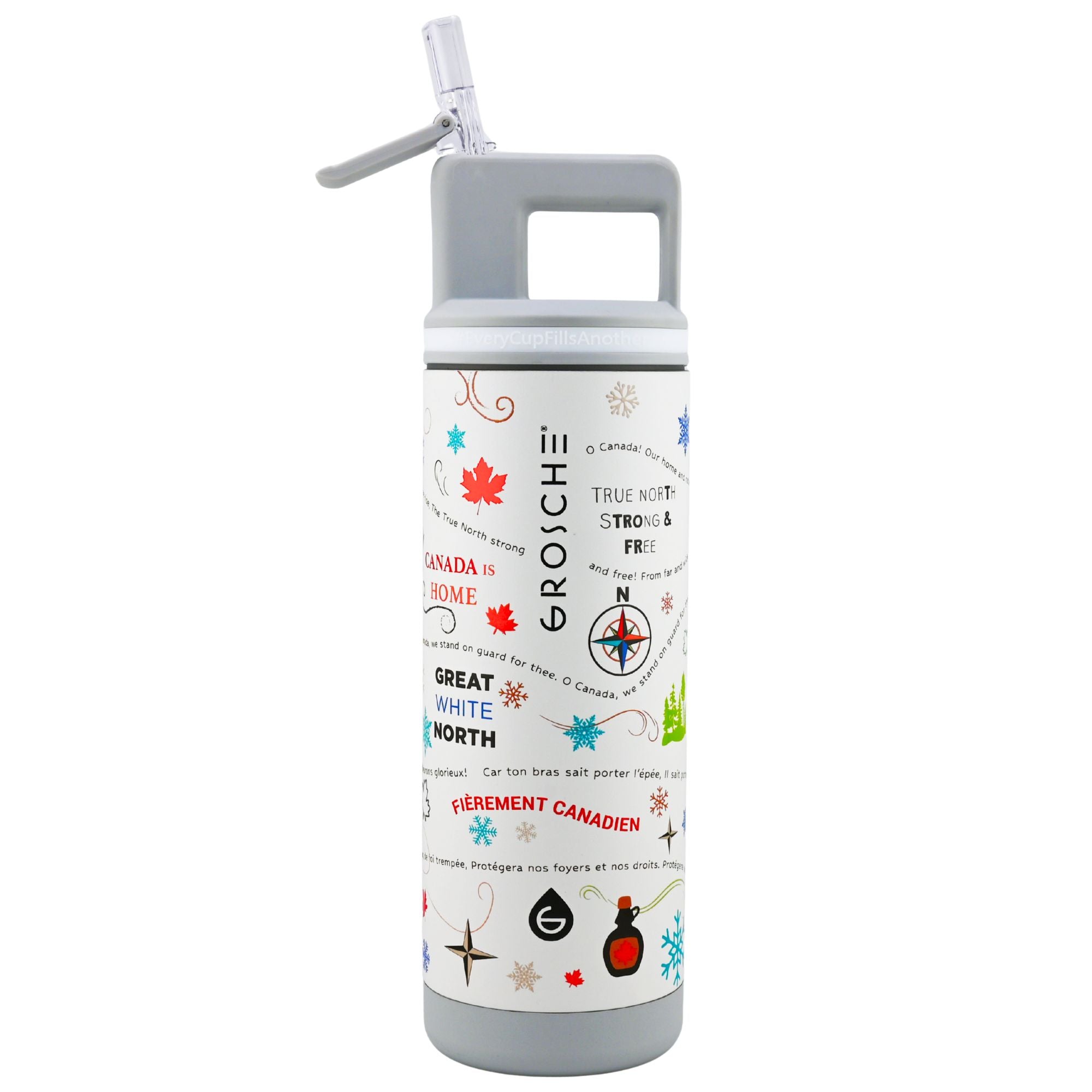 Gray water bottle with colorful text and graphics on a white background