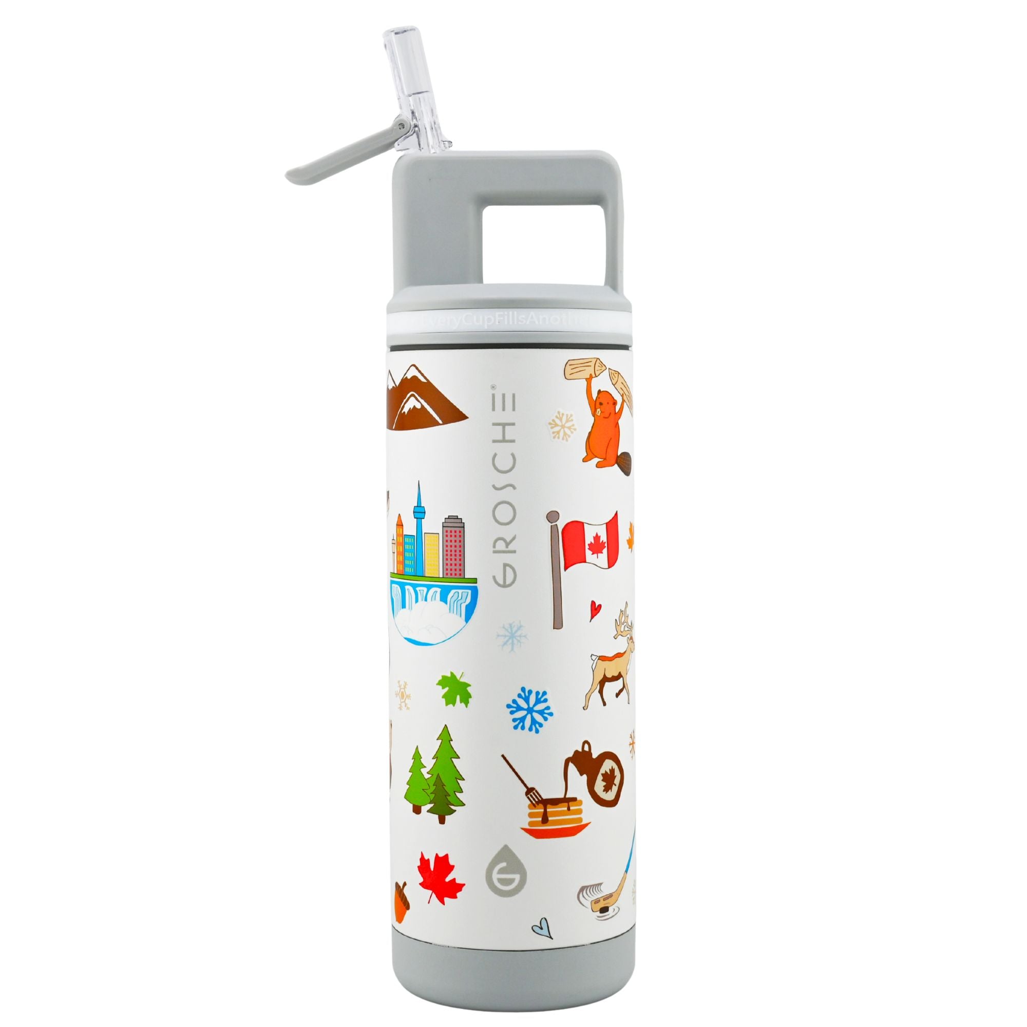Insulated water bottle with colorful graphics on a white background