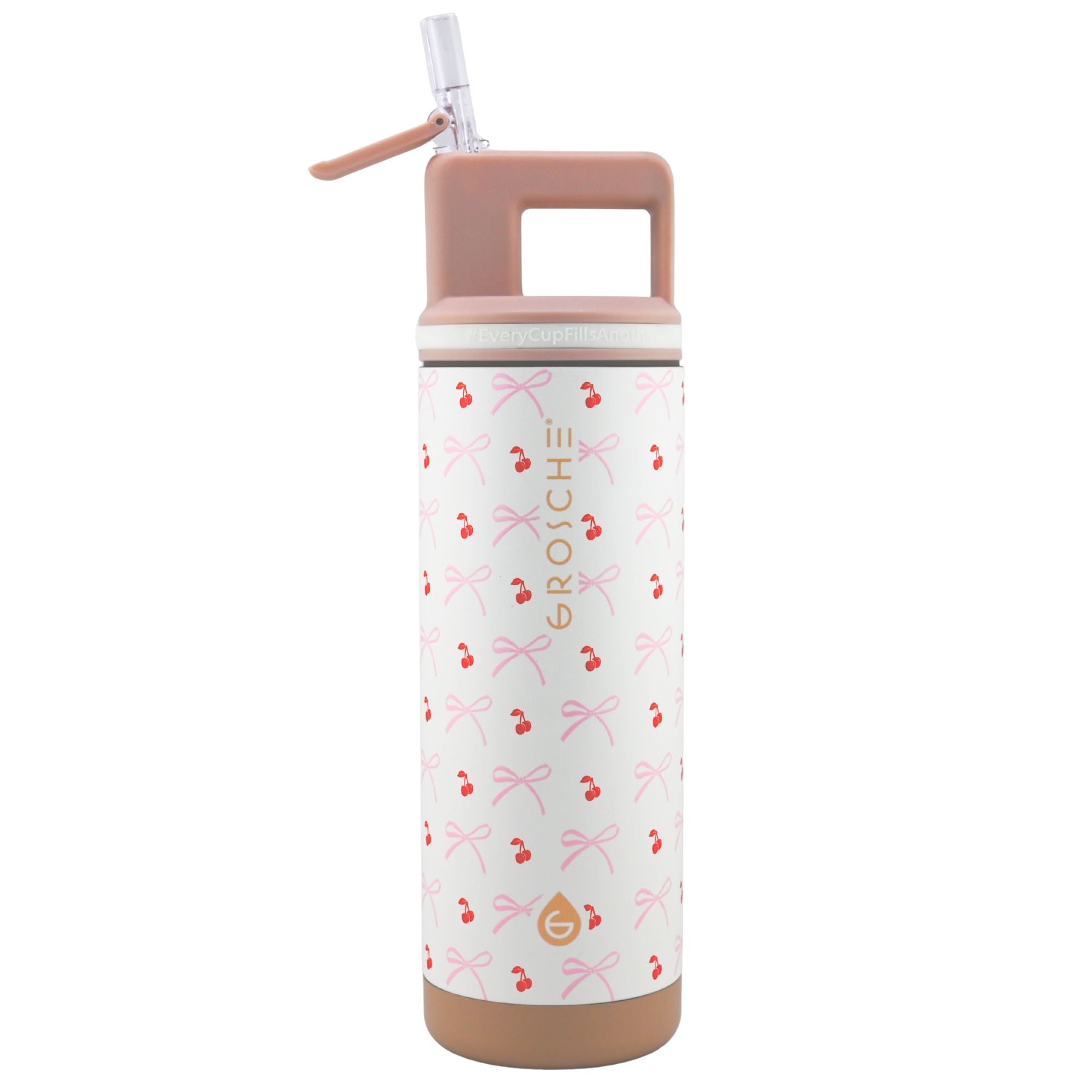 Grosche water bottle with cherry and bow pattern on a white background