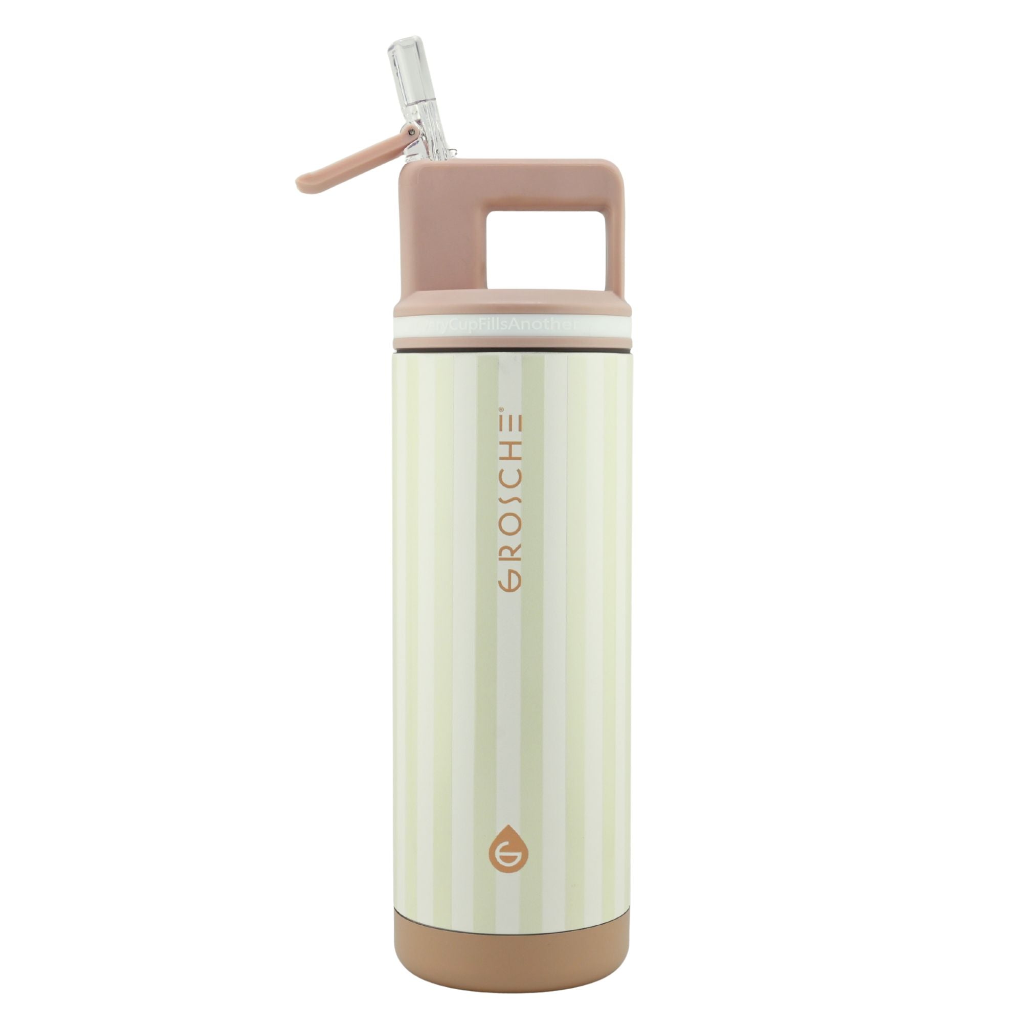 Green stripe water bottle with straw lid on a white background