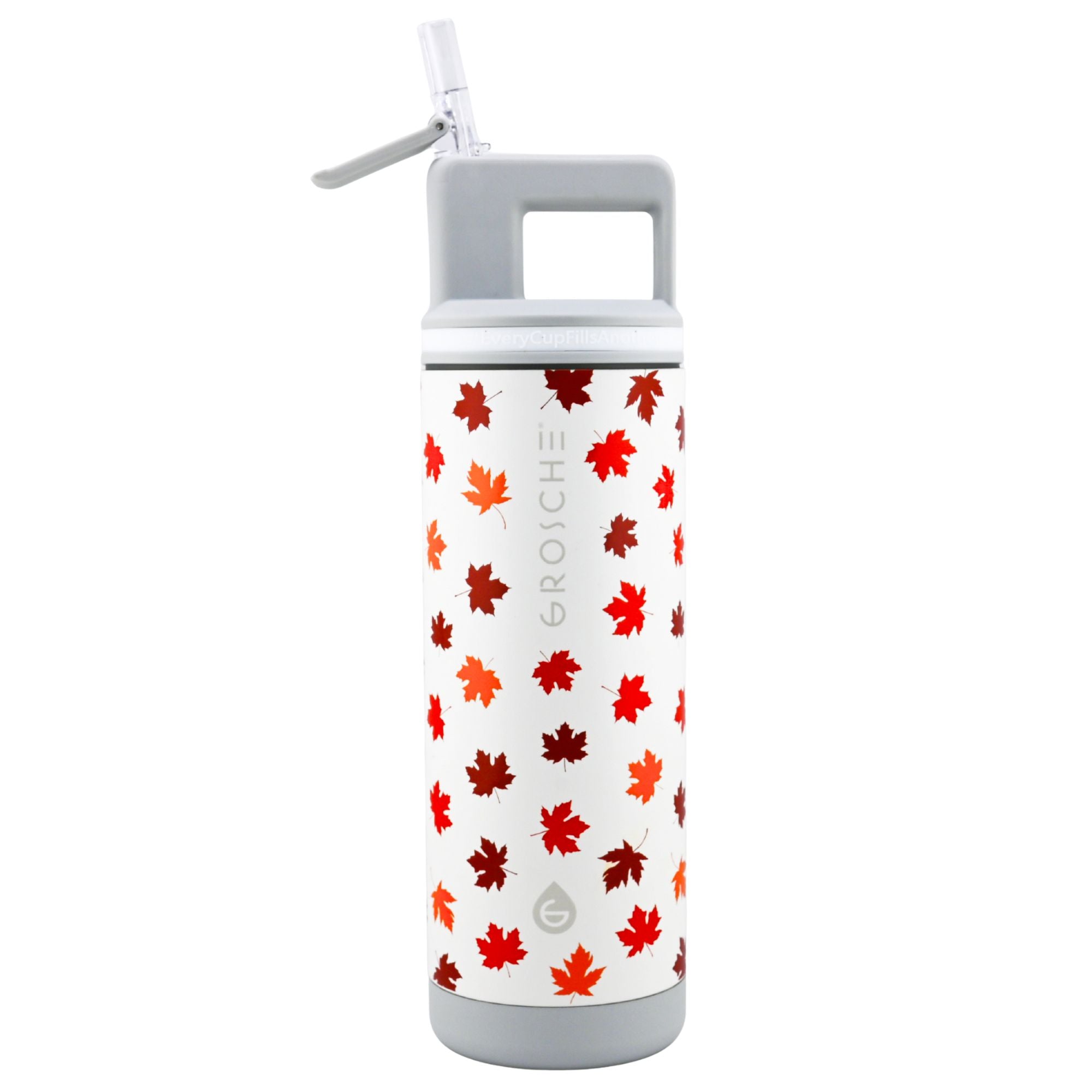 Water bottle with red maple leaf pattern on a white background
