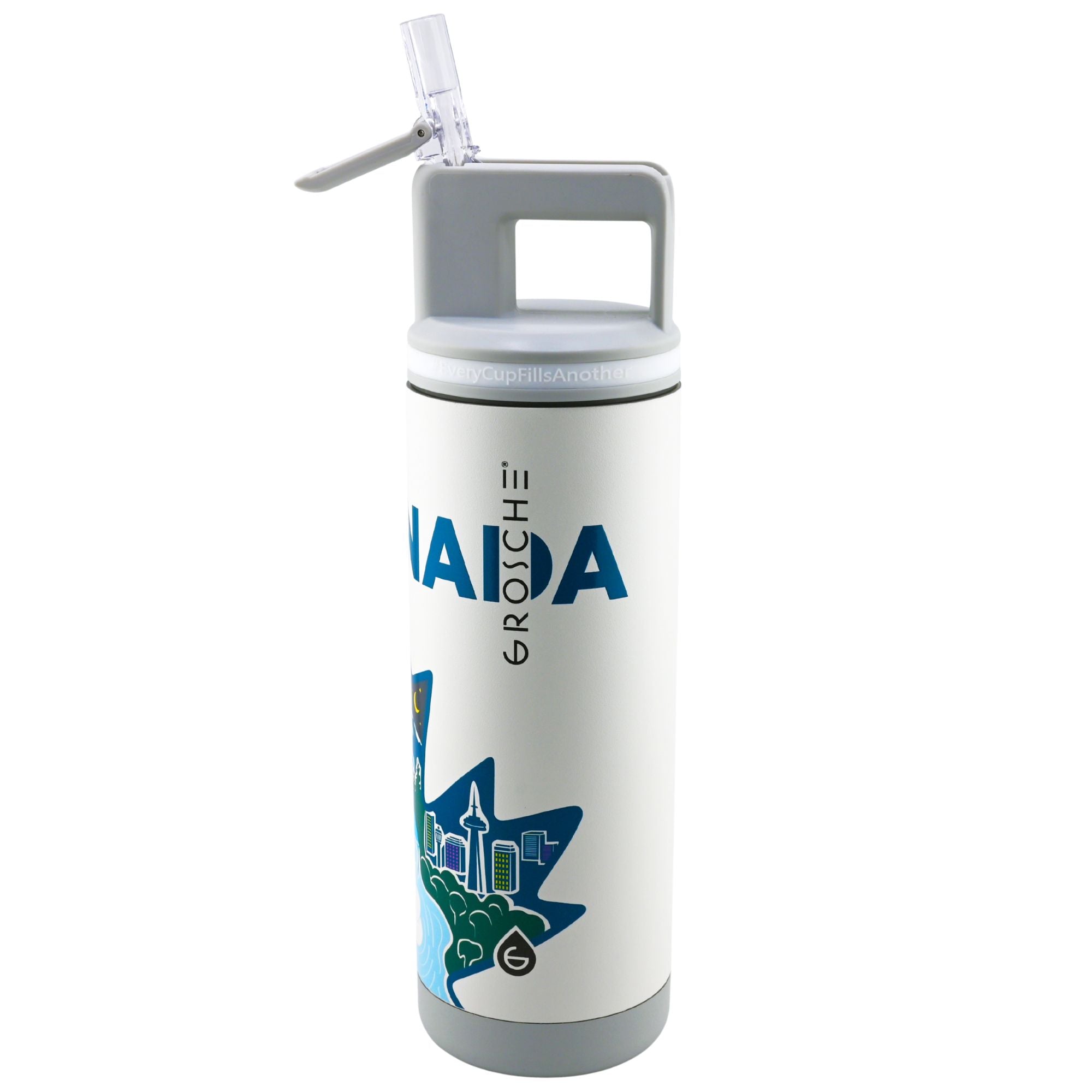 White water bottle with blue graphics and 'Grosche' branding on a white background