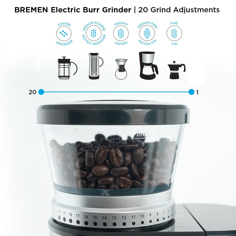 BREMEN BURR Electric Burr Coffee Grinder, 20 Grind Settings, Compact Coffee Grinder