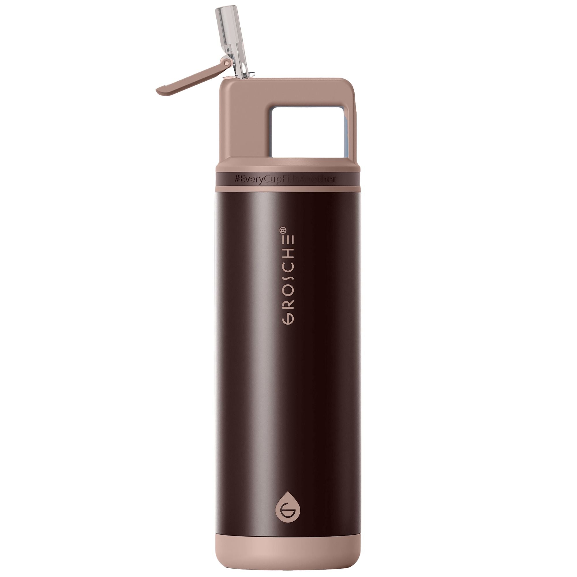 Brown water bottle with a cap on a white background