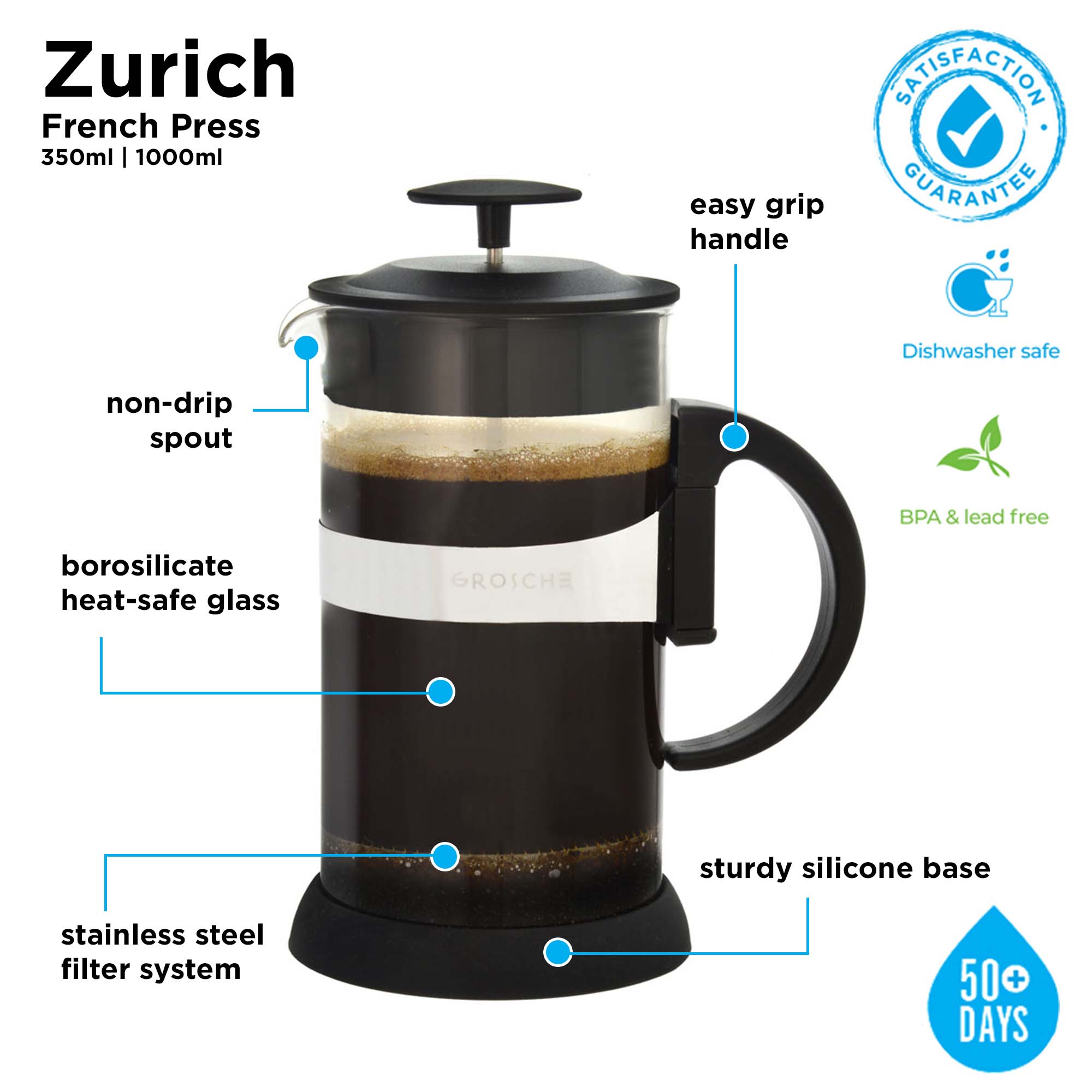 ZURICH French Press Coffee Maker, 34 fl. oz / 1000mL