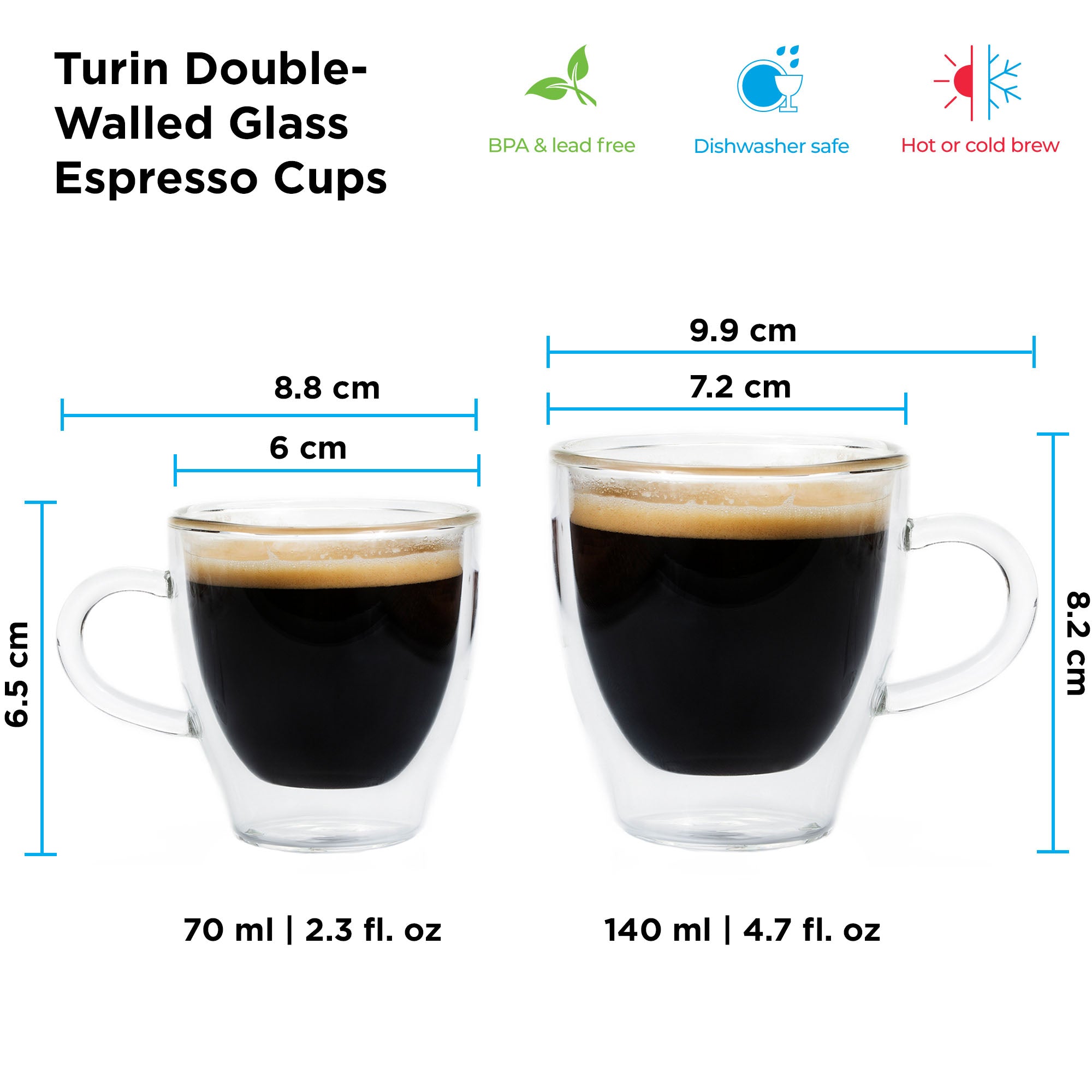 TURIN double wall glass espresso cups, espresso shot glasses, coffee cups