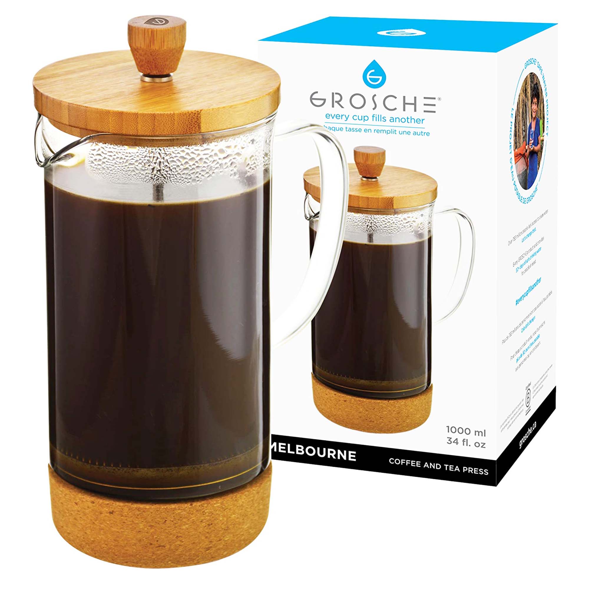 MELBOURNE Eco Friendly Natural Bamboo French Press Coffee Maker - 34 fl. oz / 1000mL Capacity