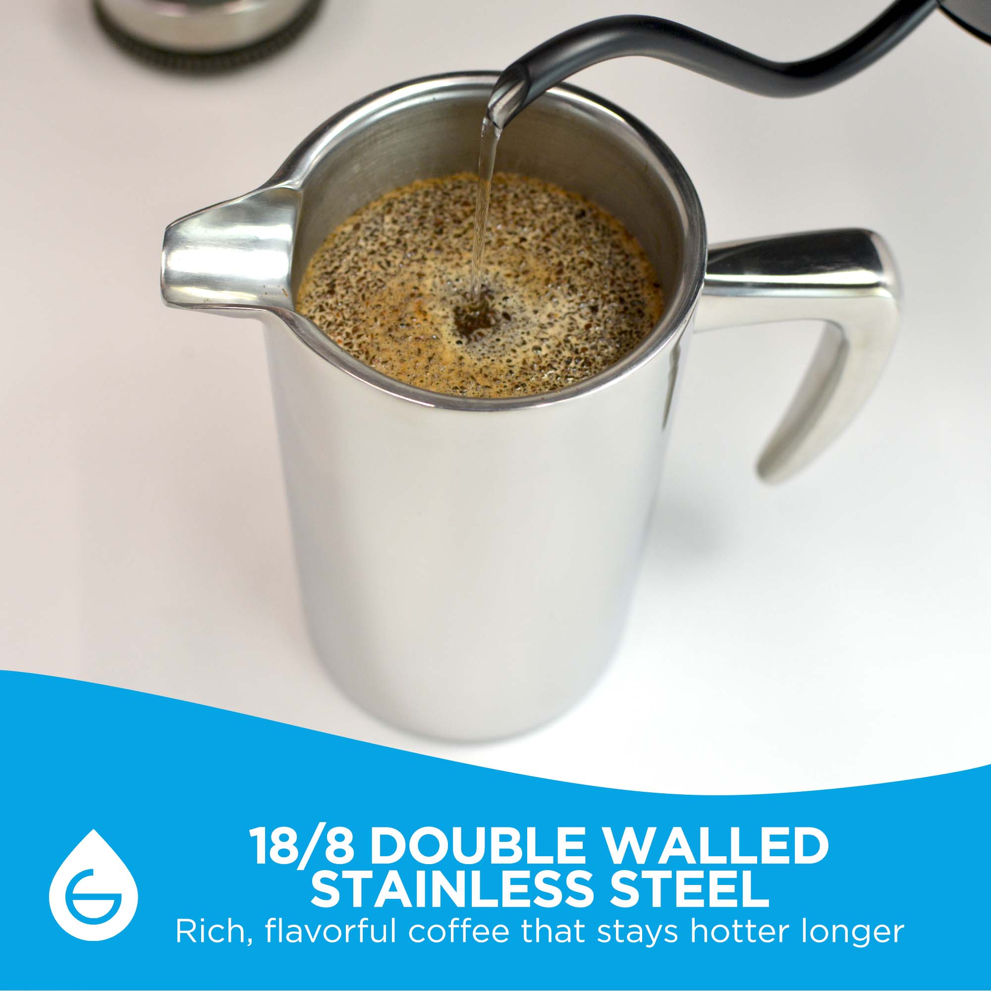 DUBLIN Stainless Steel Double Walled French Press - 34 fl. oz / 1000mL Capacity, Silver