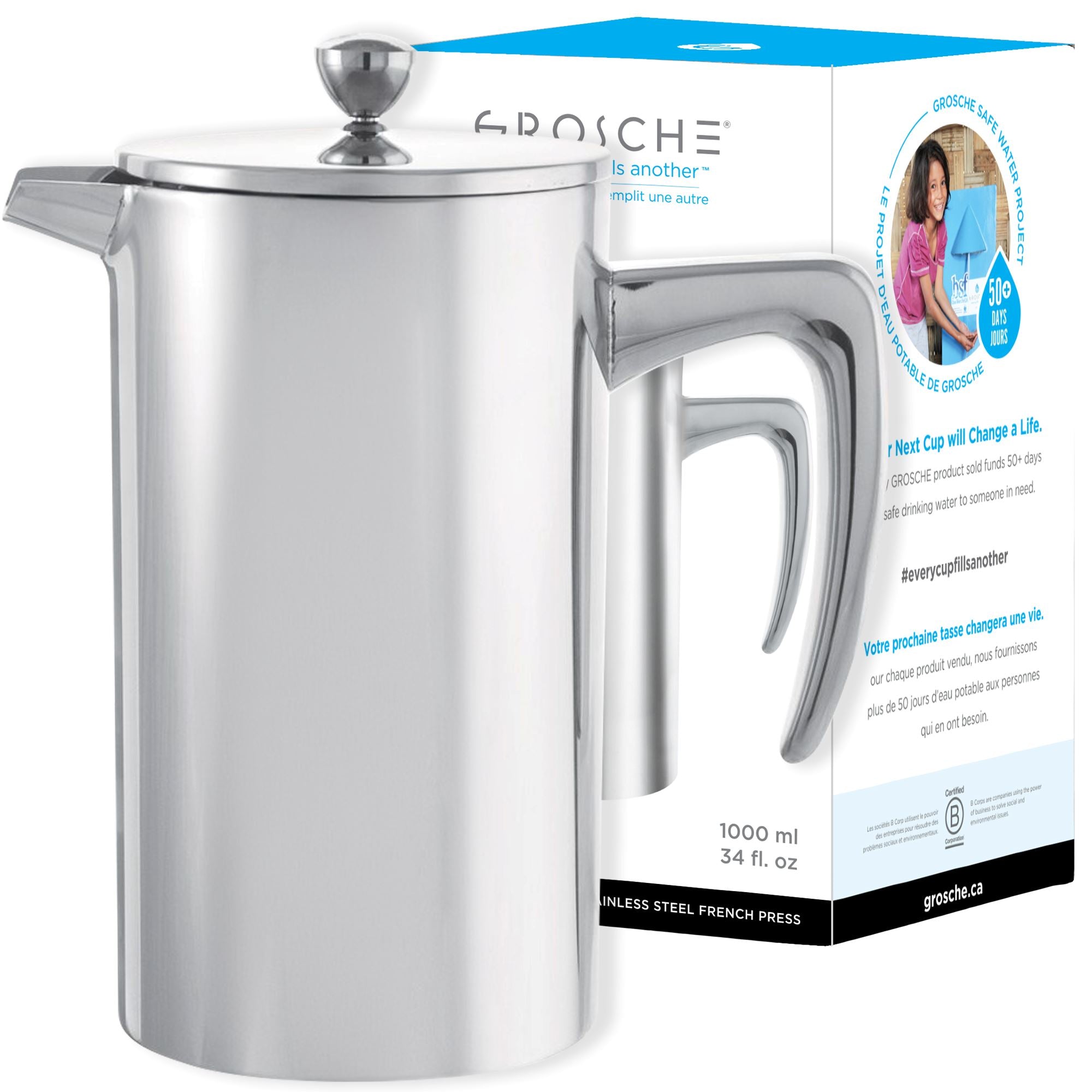 DUBLIN Stainless Steel Double Walled French Press - 34 fl. oz / 1000mL Capacity, Silver