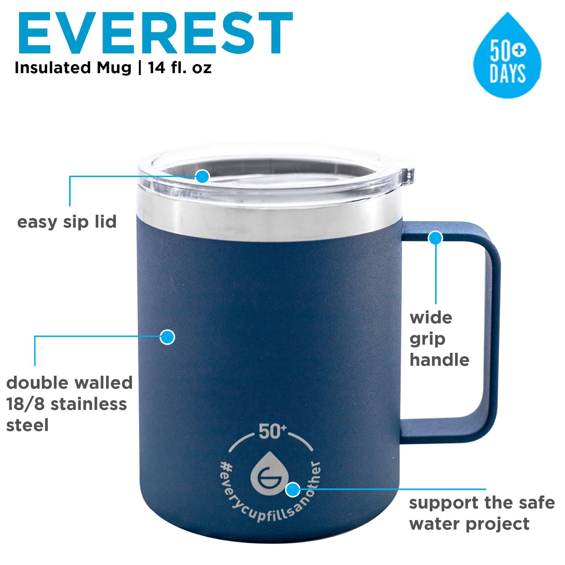 EVEREST Insulated Travel Mug, Stainless Steel Coffee Tumbler with Slider Lid - 14oz