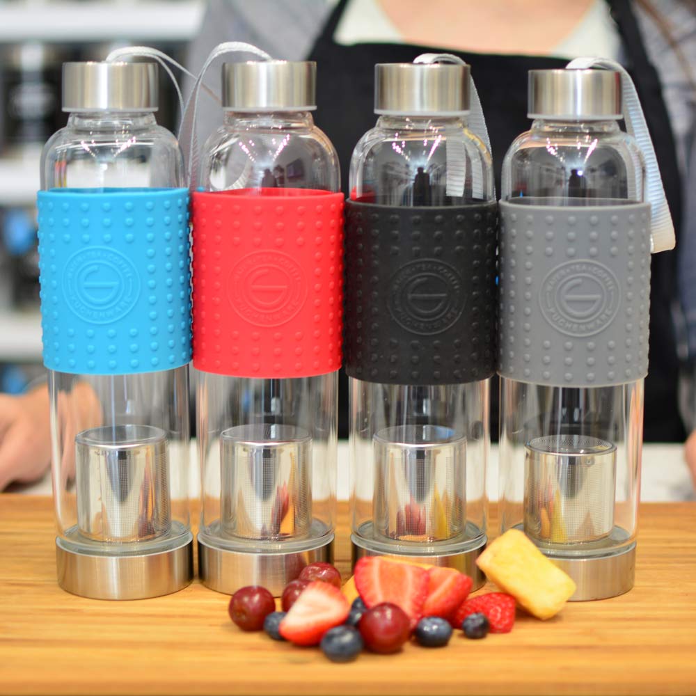 tea infuser bottle Grosche-Marino-travel-water-tea infuser bottle-4-colors-on-bamboo-counter-tea-infuser-travel