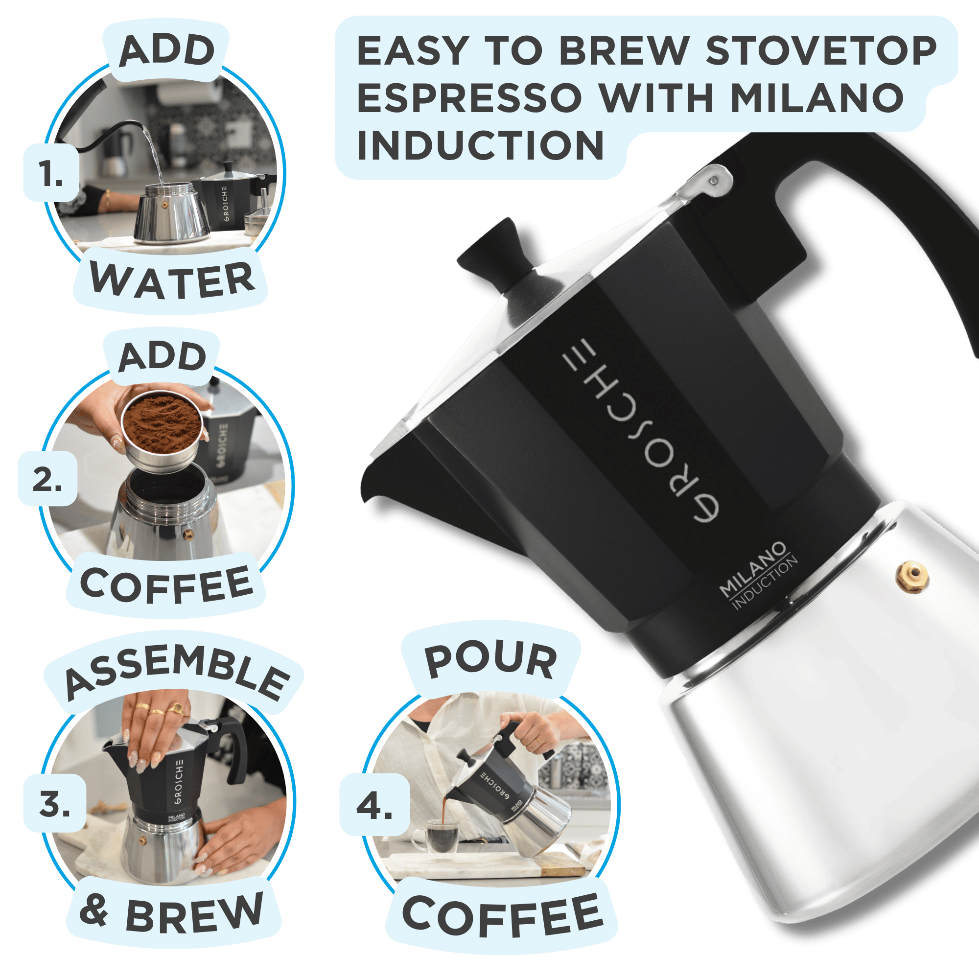 MILANO INDUCTION Stovetop Espresso Maker, Moka Pot - 6 Cup