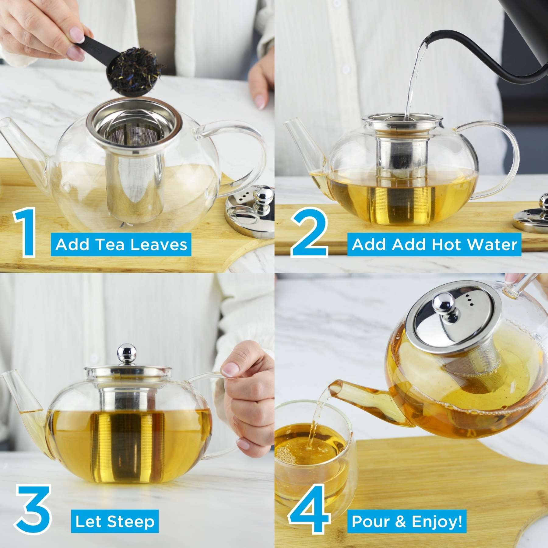 joliette loose leaf tea steeper, teapot, glass teapot, tea strainer, stainless steel tea infuser