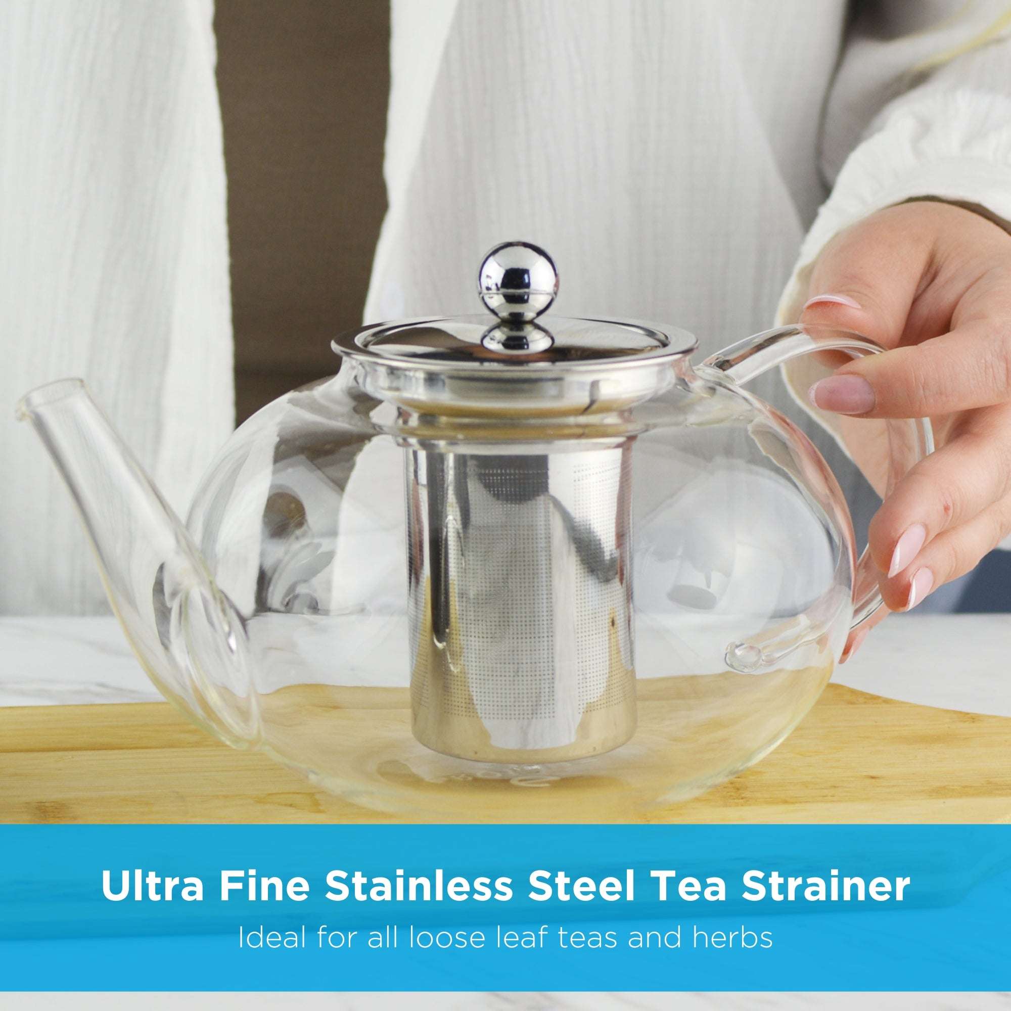 joliette loose leaf tea steeper, teapot, glass teapot, tea strainer, stainless steel tea infuser