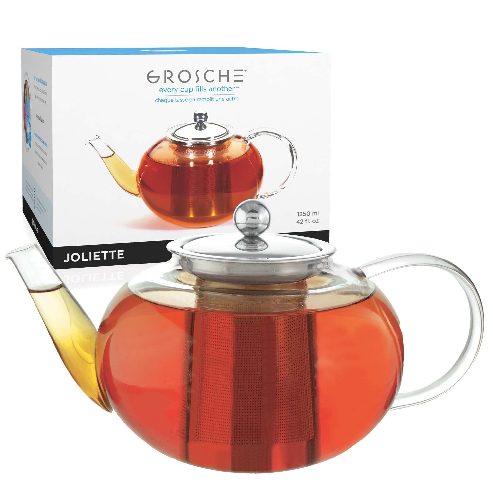 JOLIETTE Glass Teapot with Stainless Steel Tea Strainer - 42oz / 1250mL, Clear