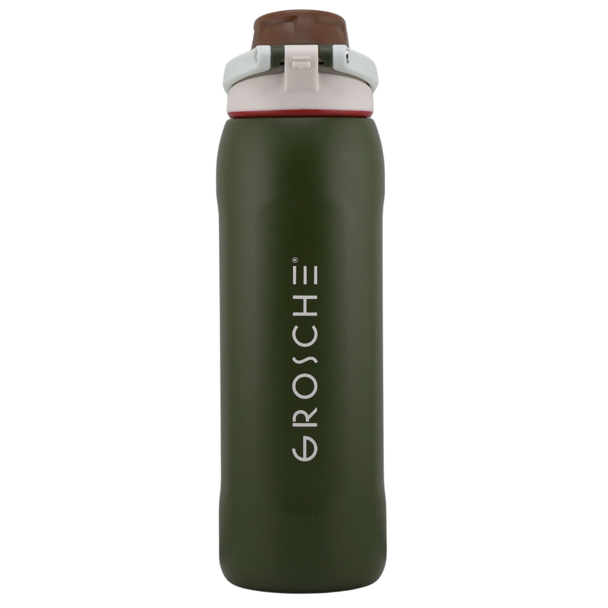 Product picture of the GROSCHE Kamloops Green water bottle with brown cap and grey 'GROSCHE' logo on a white background