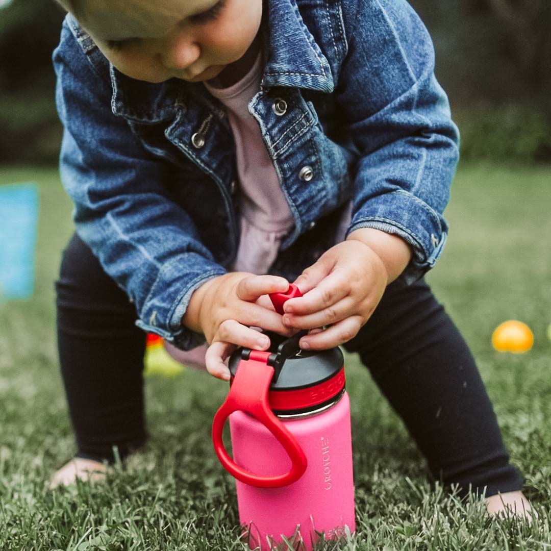 lil chill kids water bottle, stainless steel water bottle with sippy lid for kids, kids flask, kids insulated bottle, insulated canteen, 12 oz water bottle, GROSCHE lil chill pink