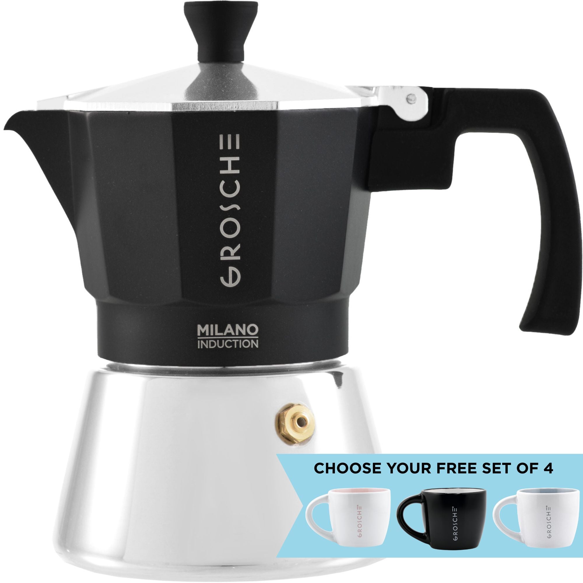Black and silver Grosche Milano induction coffee maker on a white background