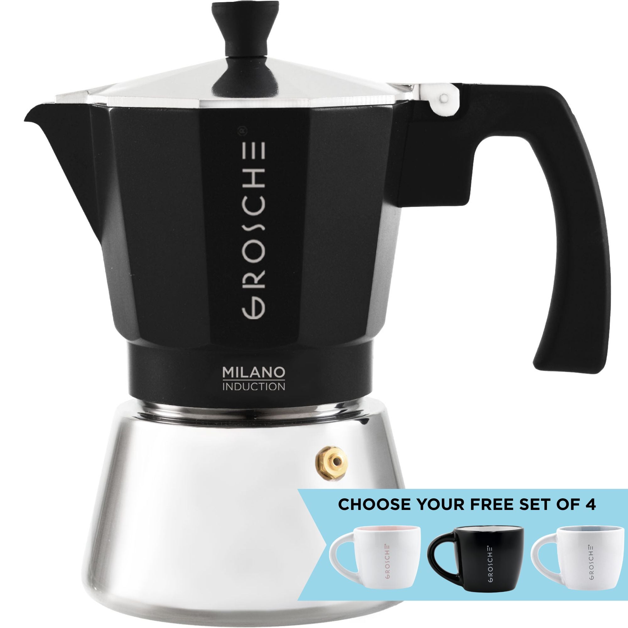 Black and silver Grosche coffee maker on a white background