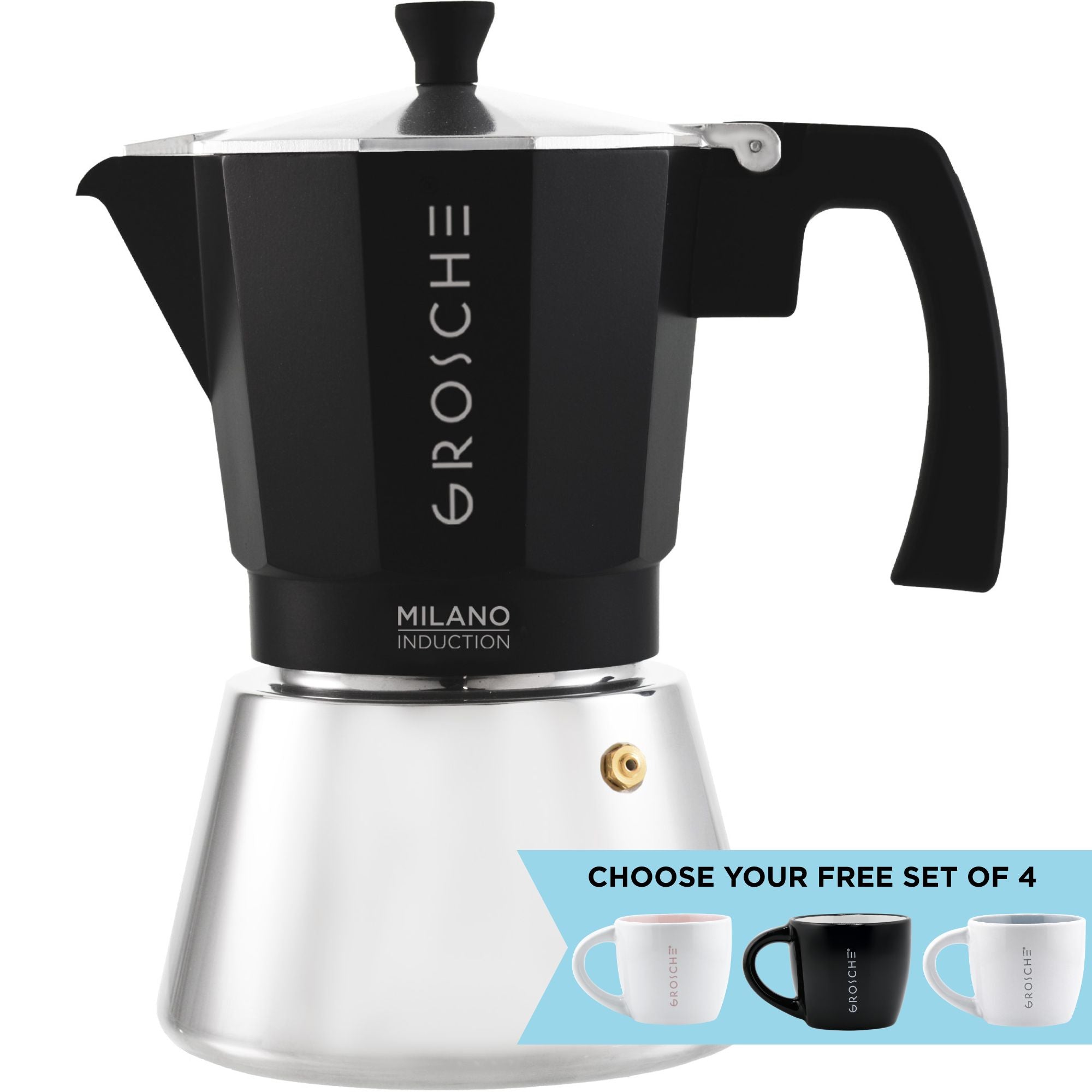 Grosche Milano induction coffee maker with a black handle on a white background