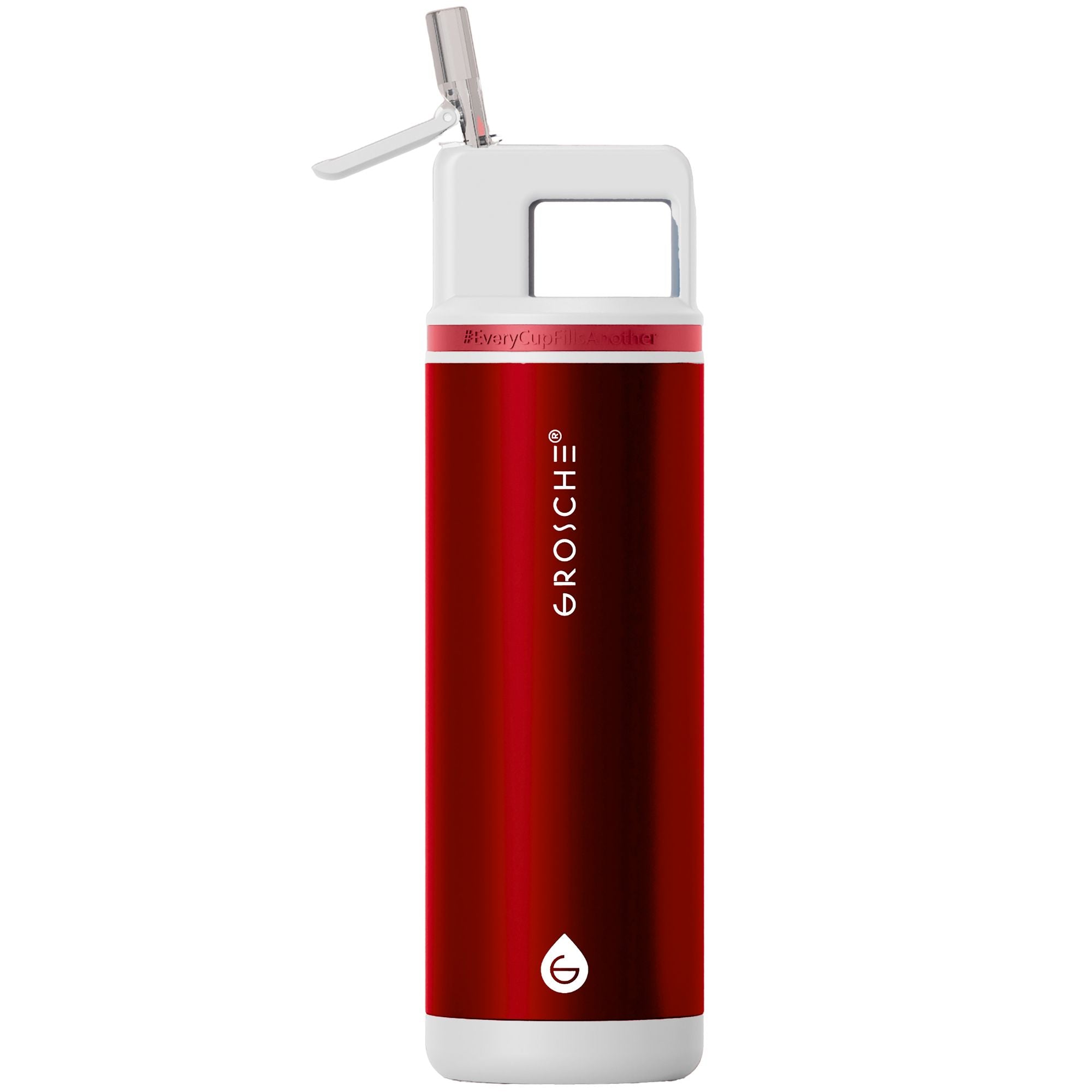 Red Grosche water bottle with white cap on a white background
