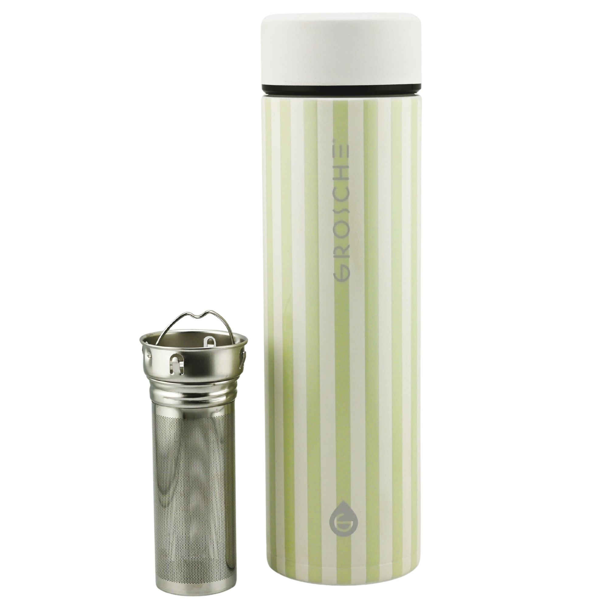 Green striped thermos bottle with a metallic cap on a white background