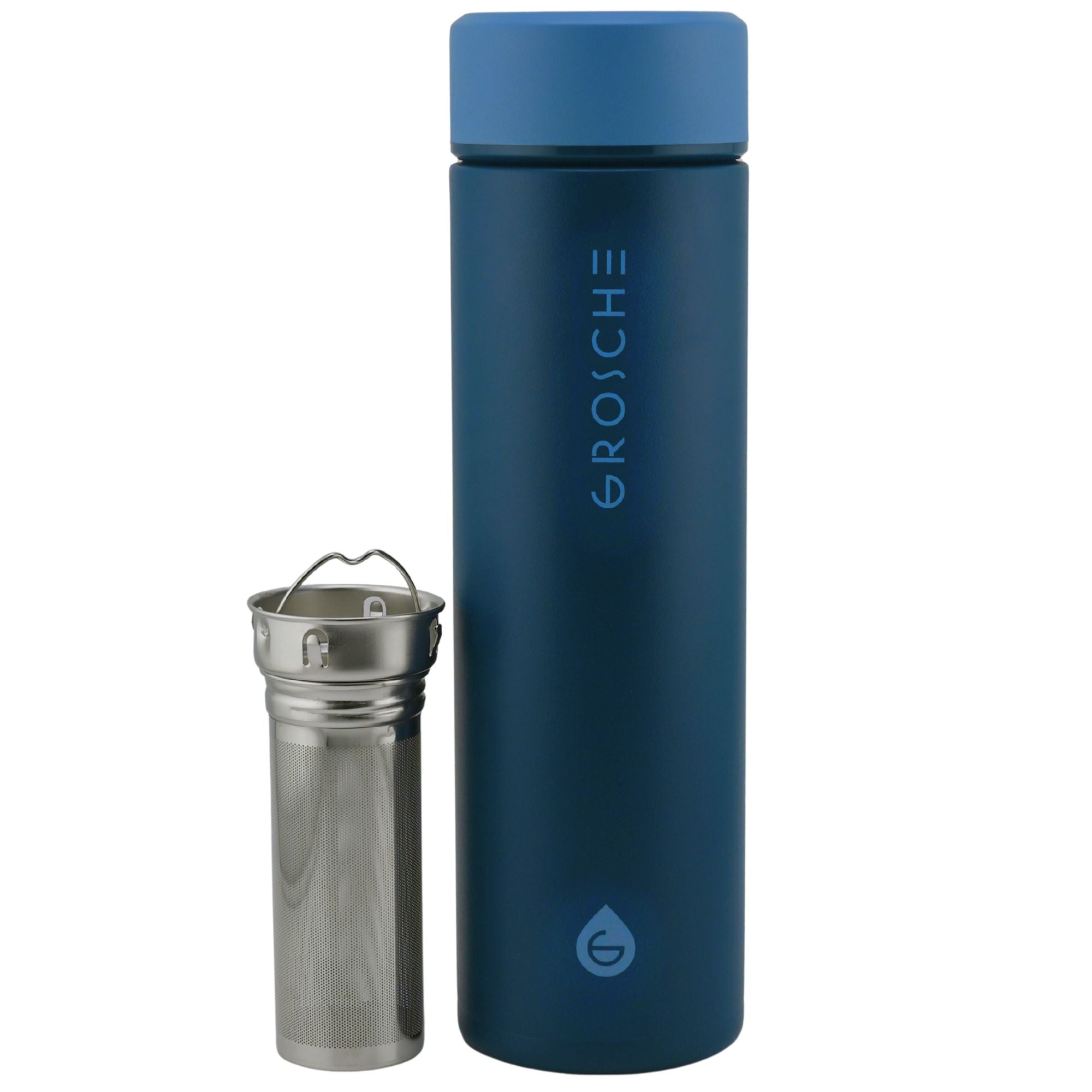 Blue thermos bottle with detachable silver filter on a white background