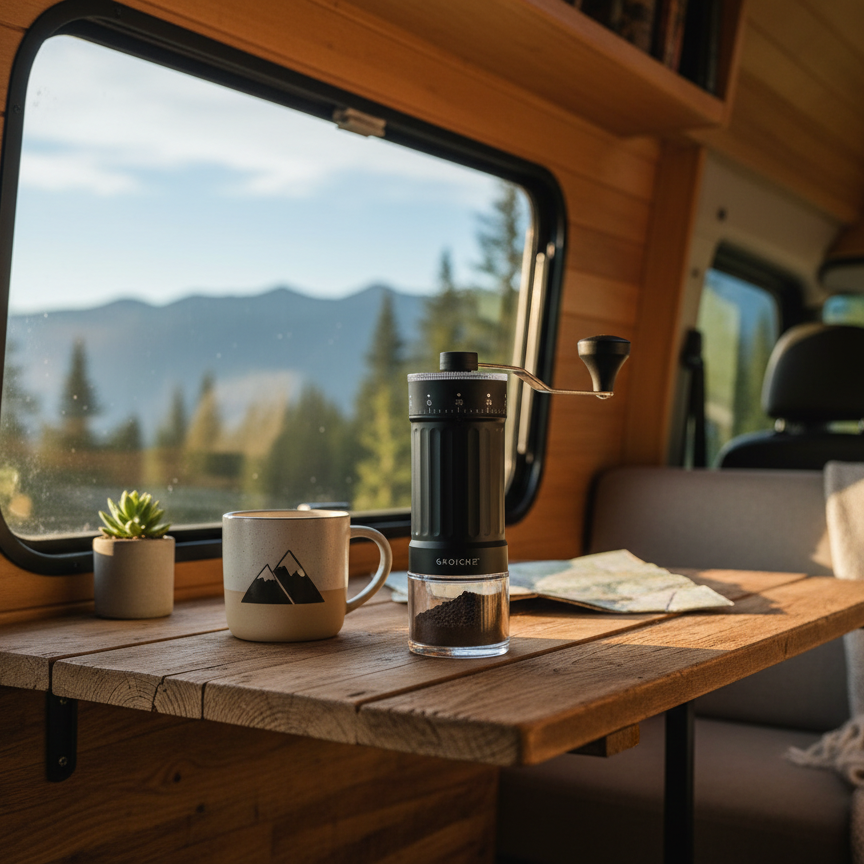 Camping scene inside a van with a table, mug, coffee press, and scenic view through the window.