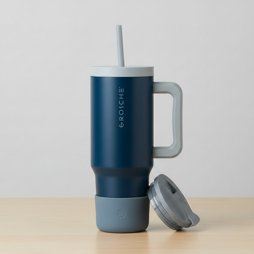 GROSCHE Aspen Tumbler: a dark blue tumbler with light blue lid and handle