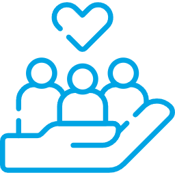 Blue icon of three people sitting together with a heart above them on a white background
