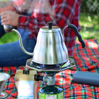 Steam rising from camping pour over kettle Grosche Marrakesh